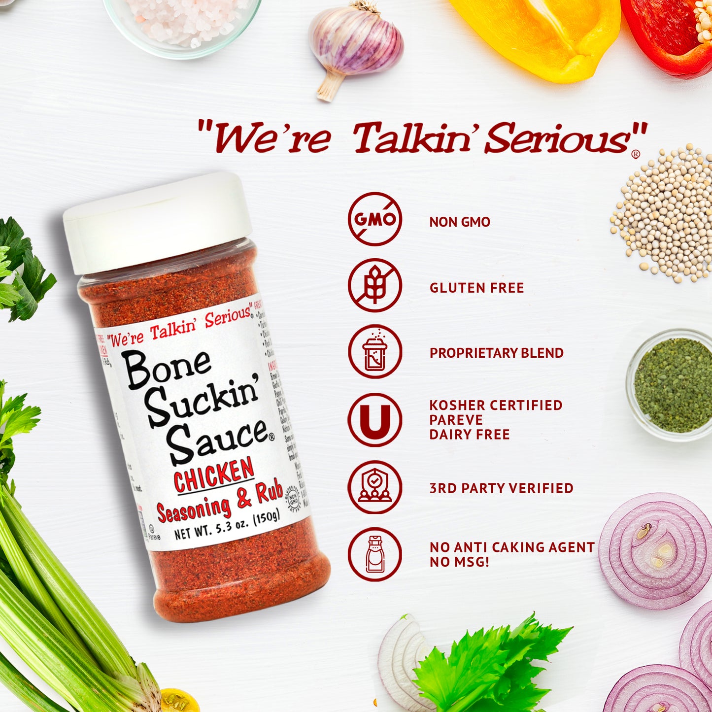 Bone Suckin' Chicken Seasoning & Rub, 5.3 oz. Non GMO, Gluten Free, Proprietary Blend, Kosher, Pareve, Dairy Free, 3rd Party Verified, No Anti Caking Agent and No MSG.