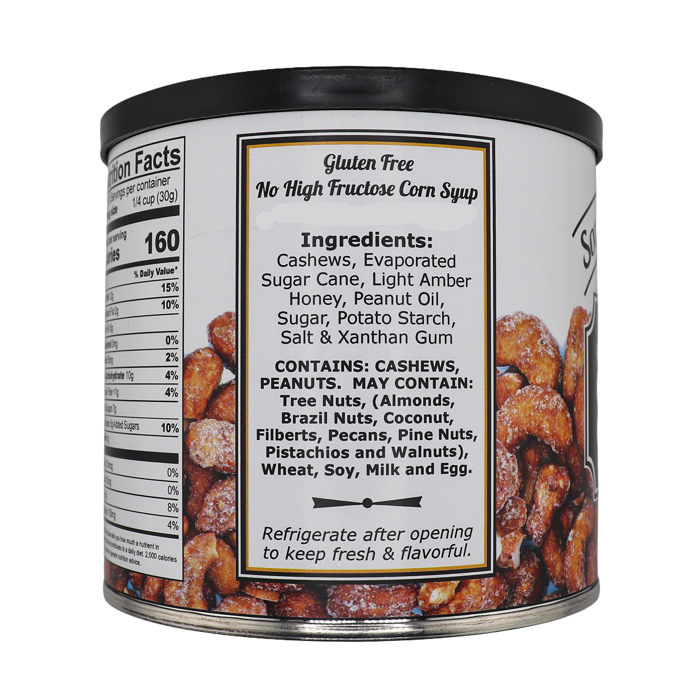 Gluten Free, No High Fructose corn syrup, Handmade in the USA. Ingredients: Cashews, Evaporated Sugar Cane, light amber honey, peanut oil, sugar, potato starch, salt & xanthum gum. contains: cashews, peanuts. May contain: Tree nuts, (almonds, brazil nuts, coconut, filberts, pecans, pine nuts, pistachios and walnuts), wheat, soy, milk and egg. refrigerate after opening to keep fresh and flavorful.
