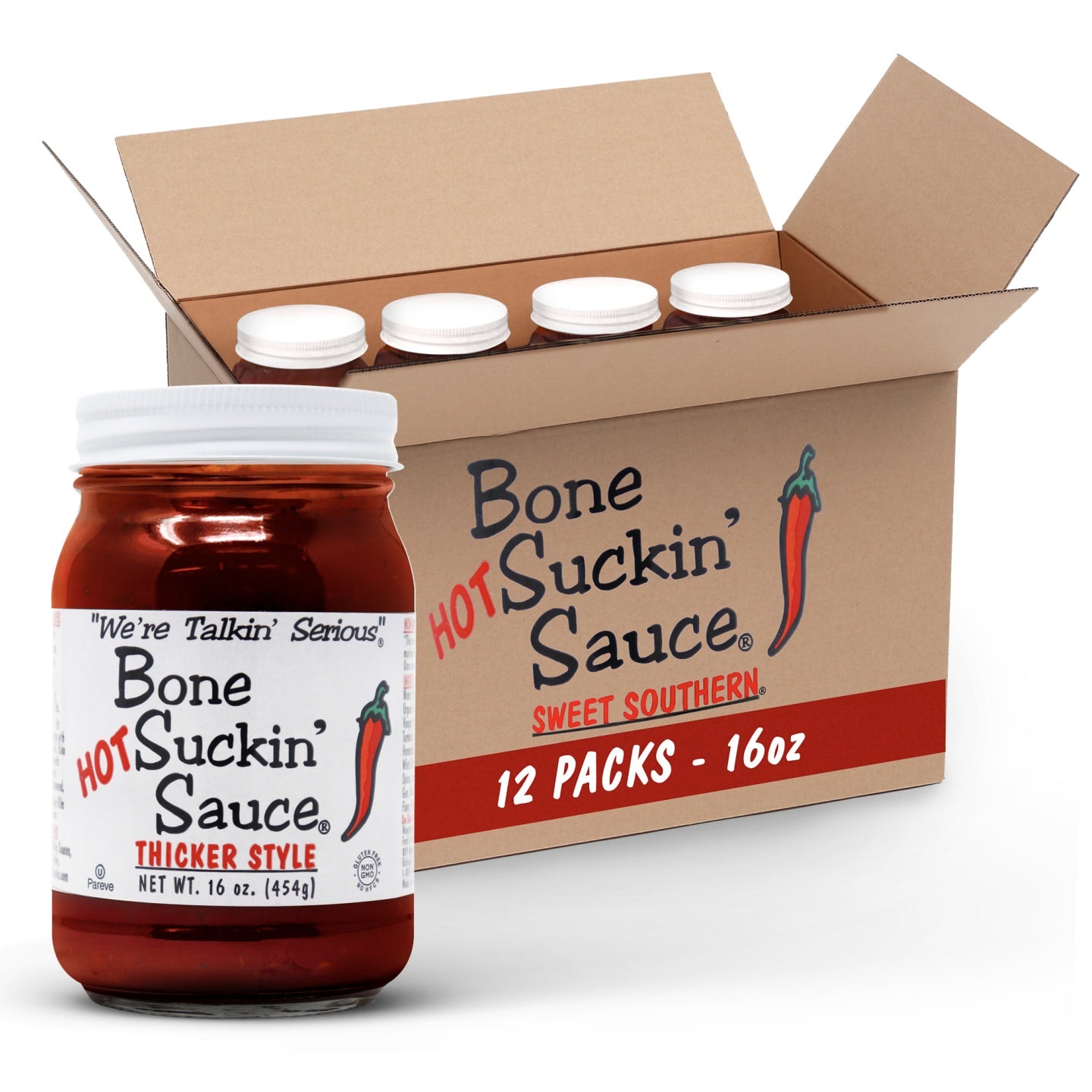 Bone Suckin' Sauce® Hot Thicker Style BBQ Sauce - 16 oz in Glass Bottle, Hot Thick Barbecue Sauce For Ribs, Chicken, Pork, Fish, Beef - Gluten-Free, Non-GMO, Kosher, Sweetened with Honey & Molasses-12 pack