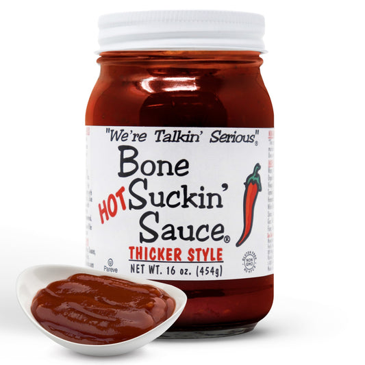Bone Suckin' Sauce® Hot Thicker Style BBQ Sauce - 16 oz in Glass Bottle, Hot Thick Barbecue Sauce For Ribs, Chicken, Pork, Fish, Beef - Gluten-Free, Non-GMO, Kosher, Sweetened with Honey & Molasses