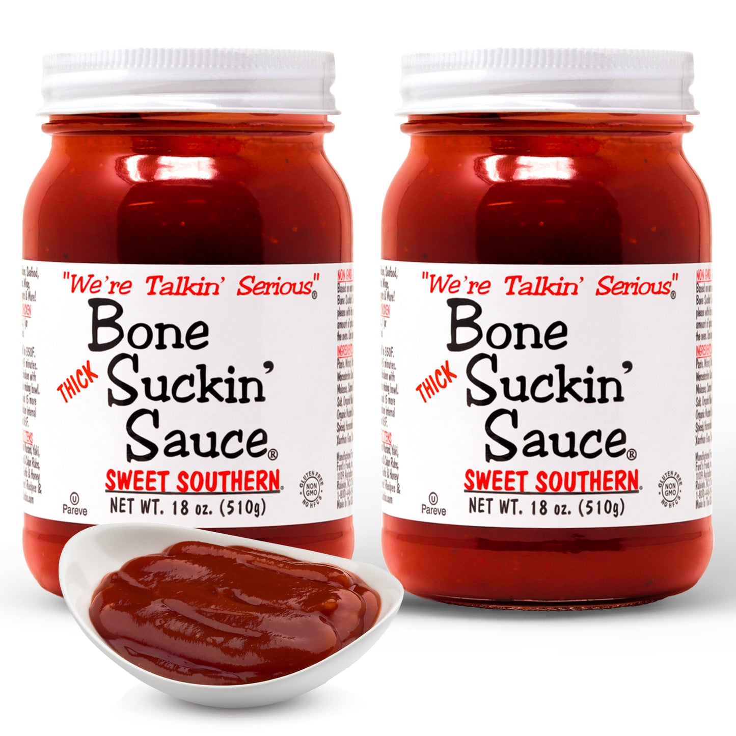 2 Jars of Bone Suckin'® Sauce Thick Sweet Southern 18oz with Saucer