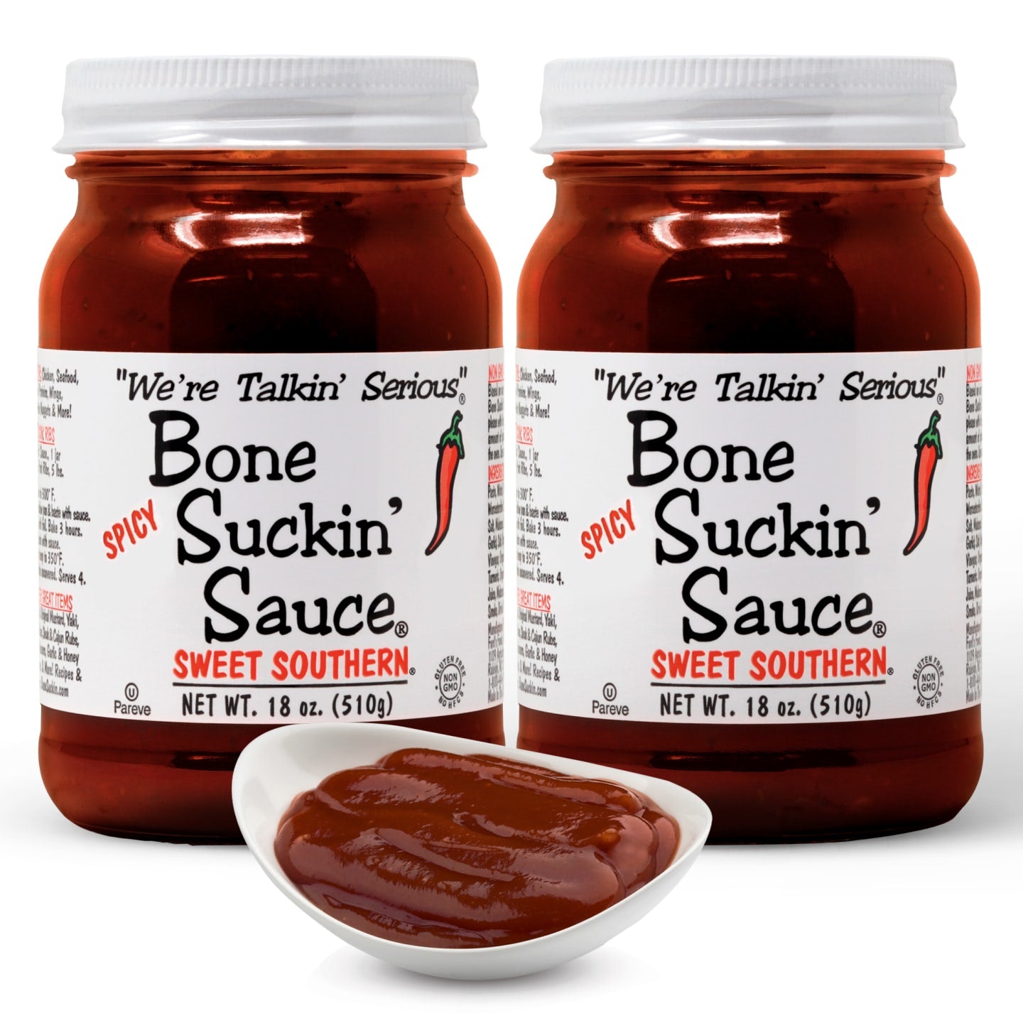 Bone Suckin' Sauce Sweet Southern Spicy BBQ Sauce - 18 oz in Glass Bottle, For Ribs, Chicken, Pork, Beef - Gluten-Free, Non-GMO, Kosher, Spicy Barbecue Sauce Sweetened with Cane Sugar & Molasses. 2 pack
