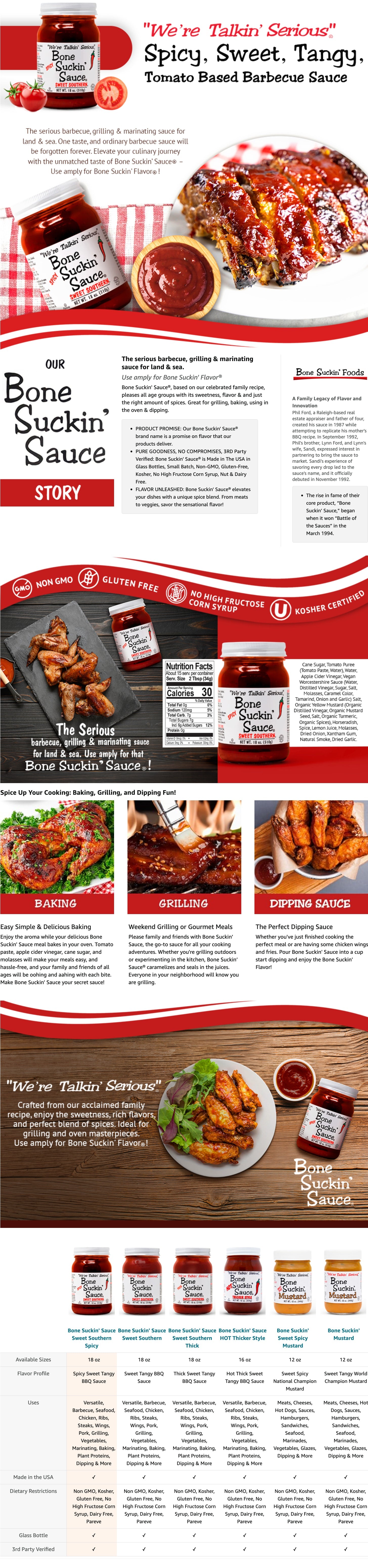 Bone Suckin' Sauce Sweet Southern Spicy BBQ Sauce - 18 oz in Glass Bottle, For Ribs, Chicken, Pork, Beef - Gluten-Free, Non-GMO, Kosher, Spicy Barbecue Sauce Sweetened with Cane Sugar & Molasses.
