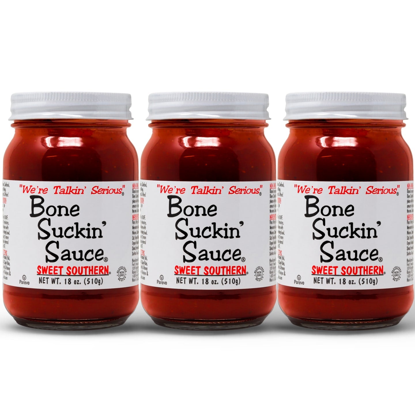 Bone Suckin Sauce® Sweet Southern®, 18 oz, 3 pack Bone Suckin' Sauce is the small batch craft barbecue sauce that is 3rd party tested & verified, Made in the USA in glass bottles, beloved by the entire family for its delicuous taste and unmatched versatility. This exceptional sauce is Non-GMO, Gluten-Free, Kosher and has No High Fructose Corn Syrup, offering both health-consciousness and unparalleled taste and quality.