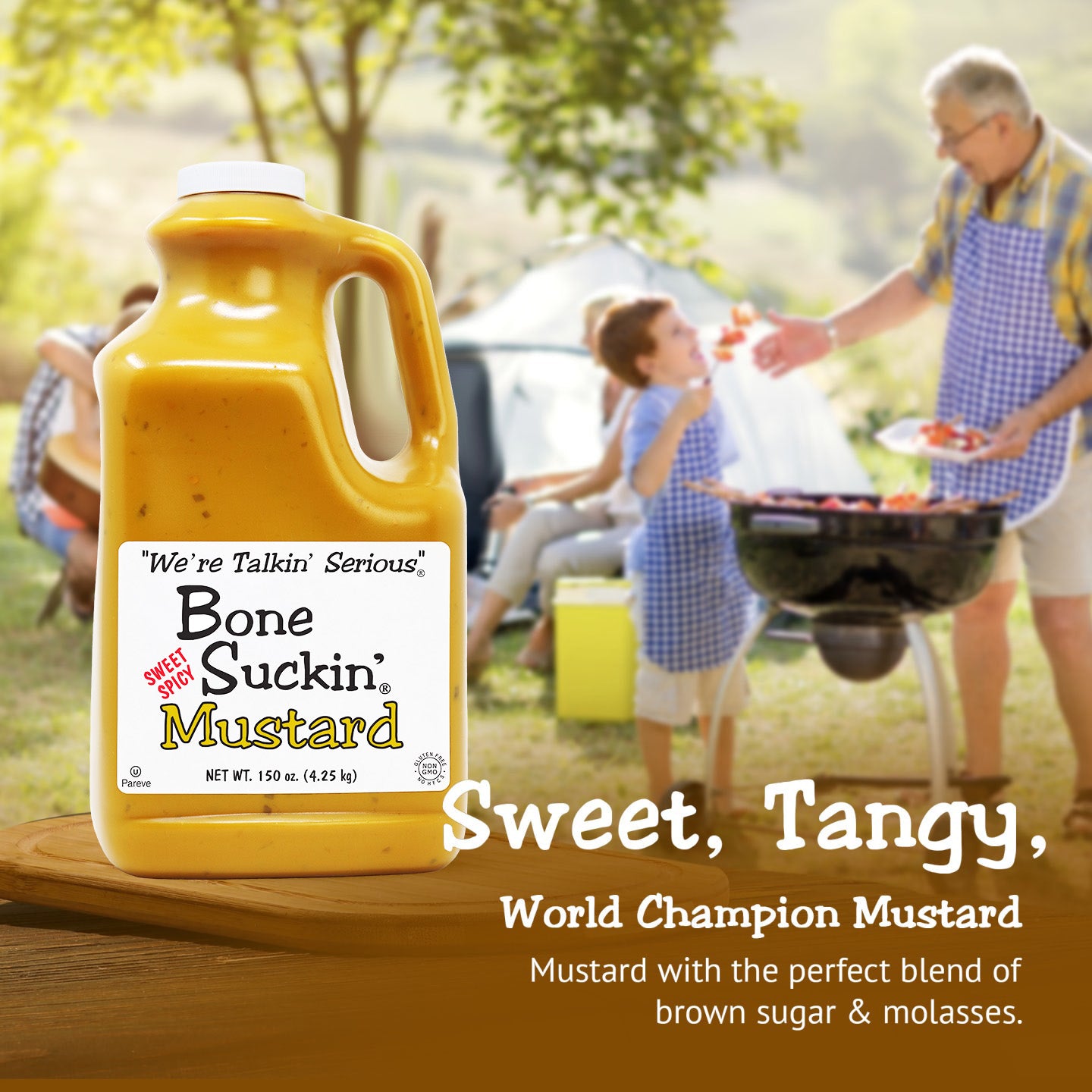 Bone Suckin' Sweet Spicy Mustard, 150 oz - Gourmet Jalapeno Mustard, Sweet Spicy, Creamy & Tangy, Gluten-Free, Non-GMO, Kosher, Perfect for Hot Dogs, Brats, Sandwiches, Cheese, Seafood.