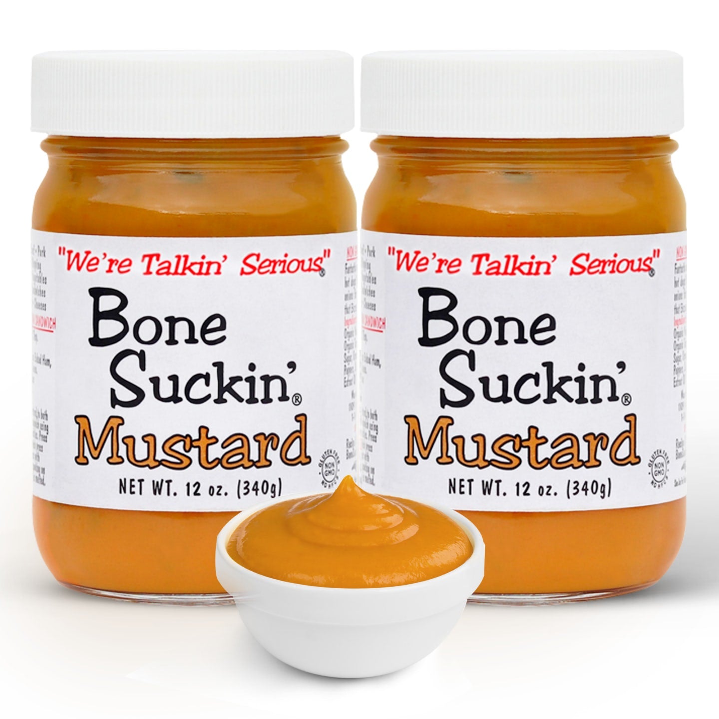 Bone Suckin'® Mustard, Side of Jar, Recipe - Bone Suckin' Mustard, 12 oz in Glass Bottle - Gourmet Mustard, Sweet & Tangy With Creamy Texture, Gluten-Free, Non-GMO, No HFCS, Kosher, Perfect for Hot Dogs, Brats, Sandwiches, Cheese, Seafood, 2 Bottles