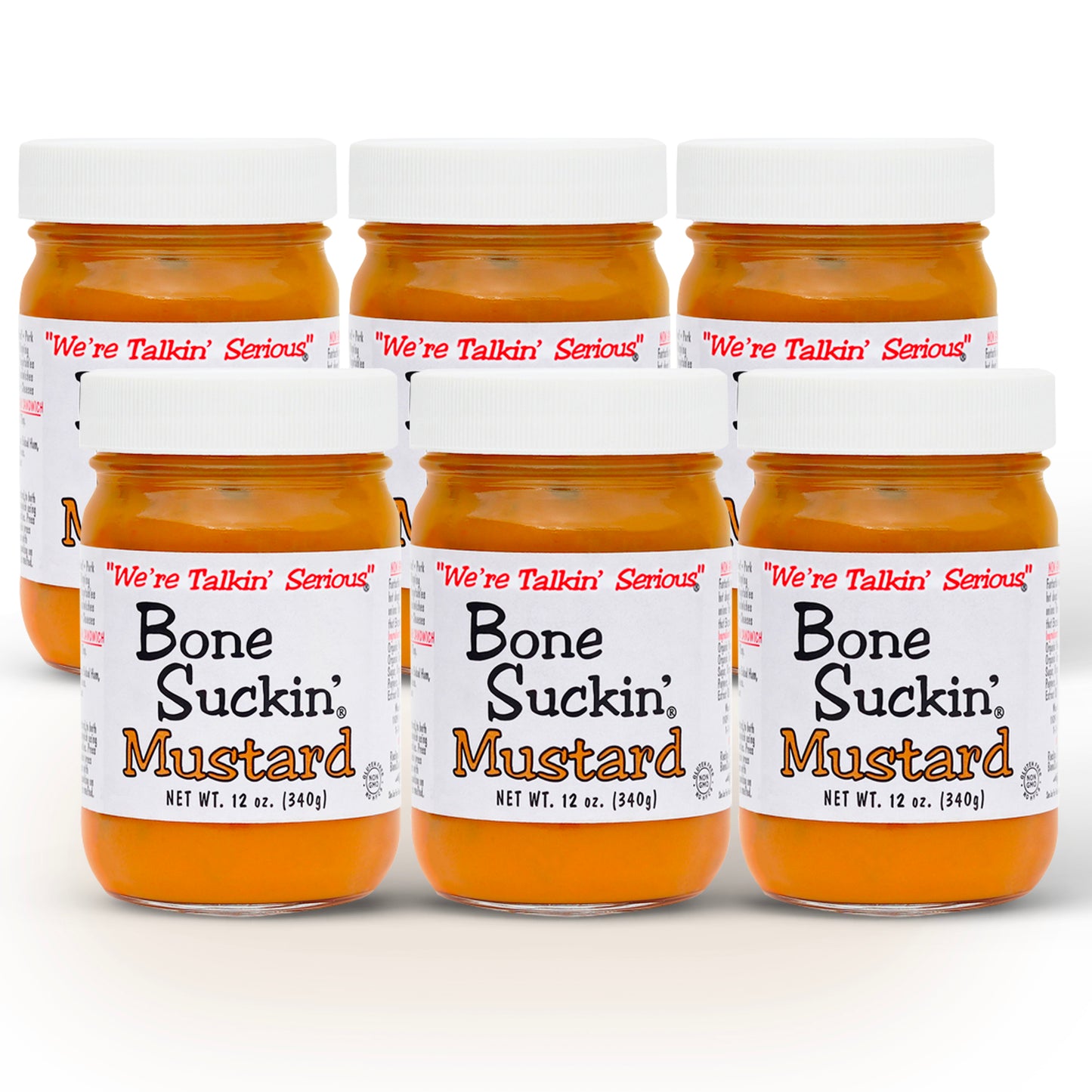 Six jars of Bone Suckin' Mustard