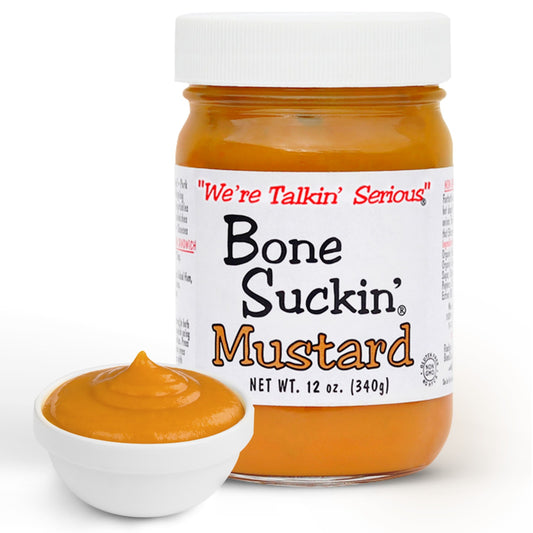 Bone Suckin'® Mustard, Side of Jar, Recipe - Bone Suckin' Mustard, 12 oz in Glass Bottle - Gourmet Mustard, Sweet & Tangy With Creamy Texture, Gluten-Free, Non-GMO, No HFCS, Kosher, Perfect for Hot Dogs, Brats, Sandwiches, Cheese, Seafood, 1 Bottle