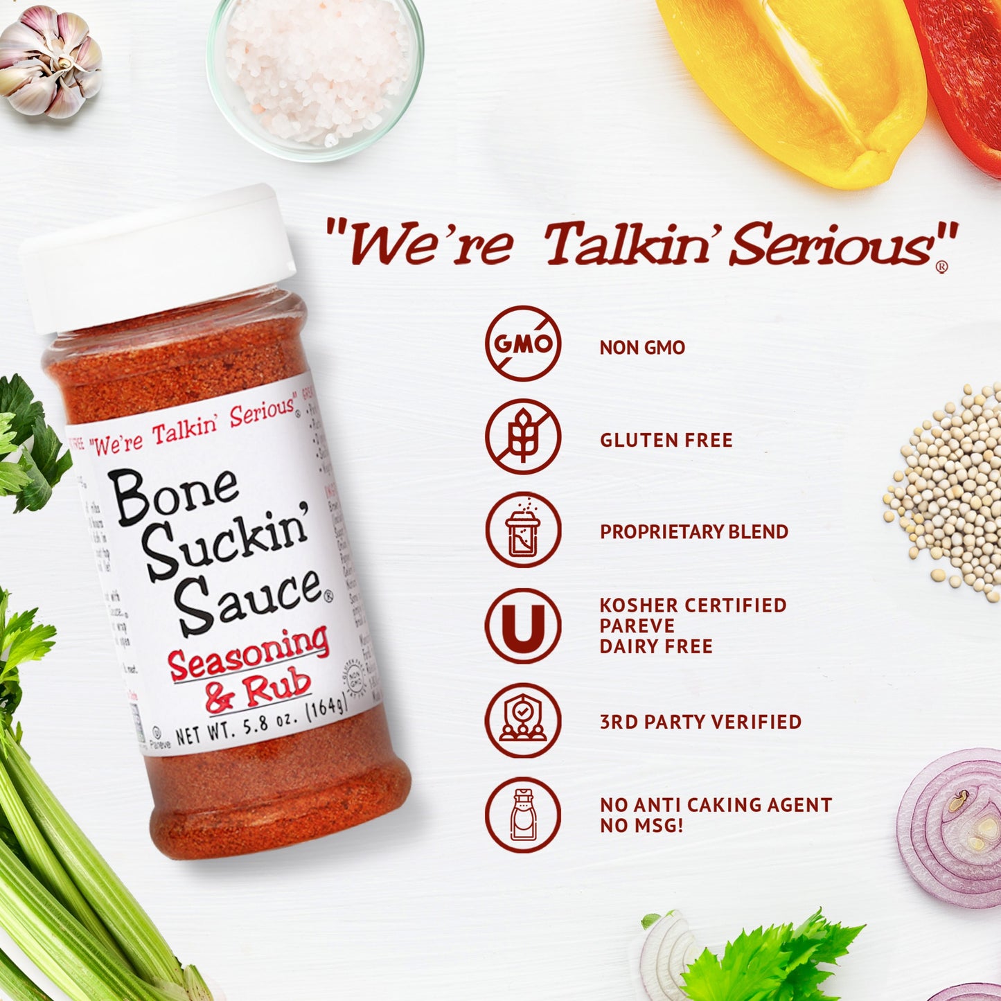 Bone Suckin' Seasoning & Rub, Original Blend, 5.8 Oz - NON GMO, GLUTEN FREE, PROPRIETARY BLEND, KOSHER CERTIFIED, PAREVE, DAIRY FREE, THIRD PARTY VERIFIED, NO ANTI CAKING AGENT, NO MSG, FAT FREE.