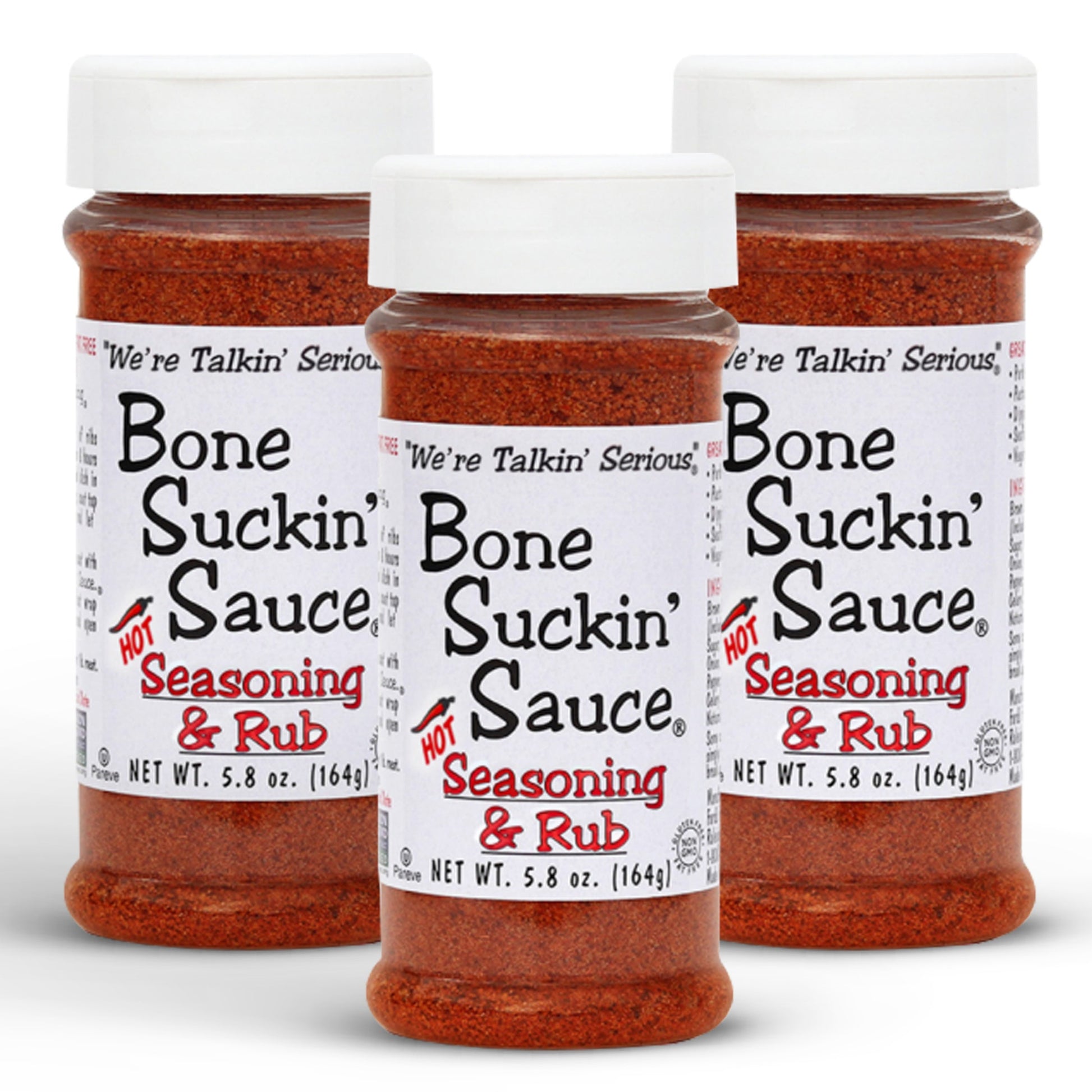 Bone Suckin’® Hot Seasoning & Rub, 5.8 oz. A cayenne kick is the perfect addition to the proprietary blend of brown sugar, paprika, garlic and spices in the original. This perfect combination of spicy, salty and sweet brings just the right amount of heat to this versatile product. Everyone can enjoy that same great flavor with a little extra spice. 3 pack
