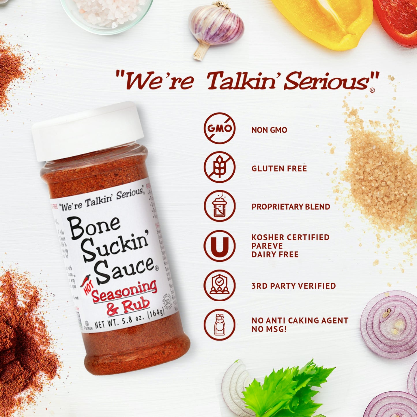 Bone Suckin Sauce Hot Seasoning & Rub, 5.8 oz. NON GMO, GLUTEN FREE, PROPRIETARY BLEND, KOSHER CERTIFIED, PAREVE, DAIRY FREE, THIRD PARTY VERIFIED, NO ANTI CAKING AGENT, NO MSG.