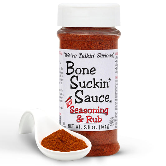 Bone Suckin’® Hot Seasoning & Rub, 5.8 oz. A cayenne kick is the perfect addition to the proprietary blend of brown sugar, paprika, garlic and spices in the original. This perfect combination of spicy, salty and sweet brings just the right amount of heat to this versatile product. Everyone can enjoy that same great flavor with a little extra spice.