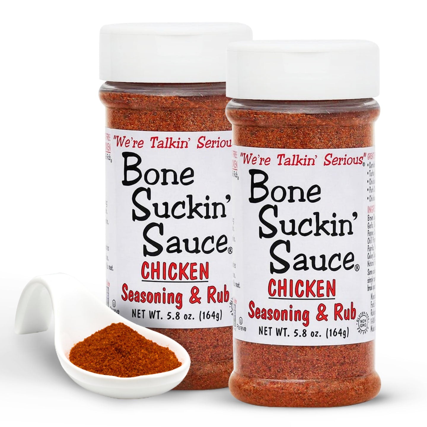 Bone Suckin'® Chicken Seasoning & Rub, 5.8 oz. A lighter blend of the brown sugar, paprika and spices found in the Original Seasoning & Rub, garlic and sage come to the forefront of our poultry blend. While it’s perfect on chicken, turkey, and fish, like our other seasoning & rub products, it’s versatile enough to be used on just about anything. 2 pack