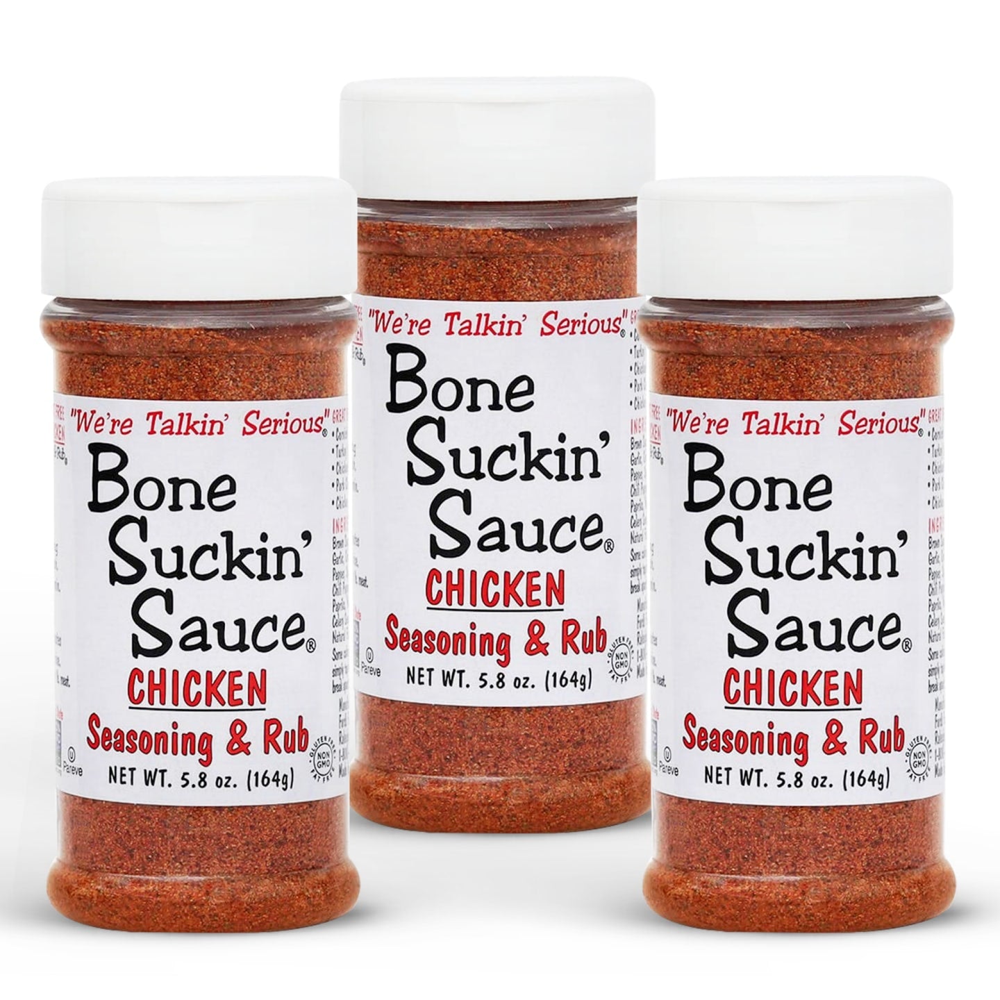 Bone Suckin'® Chicken Seasoning & Rub, 5.8 oz. A lighter blend of the brown sugar, paprika and spices found in the Original Seasoning & Rub, garlic and sage come to the forefront of our poultry blend. While it’s perfect on chicken, turkey, and fish, like our other seasoning & rub products, it’s versatile enough to be used on just about anything. 3 pack