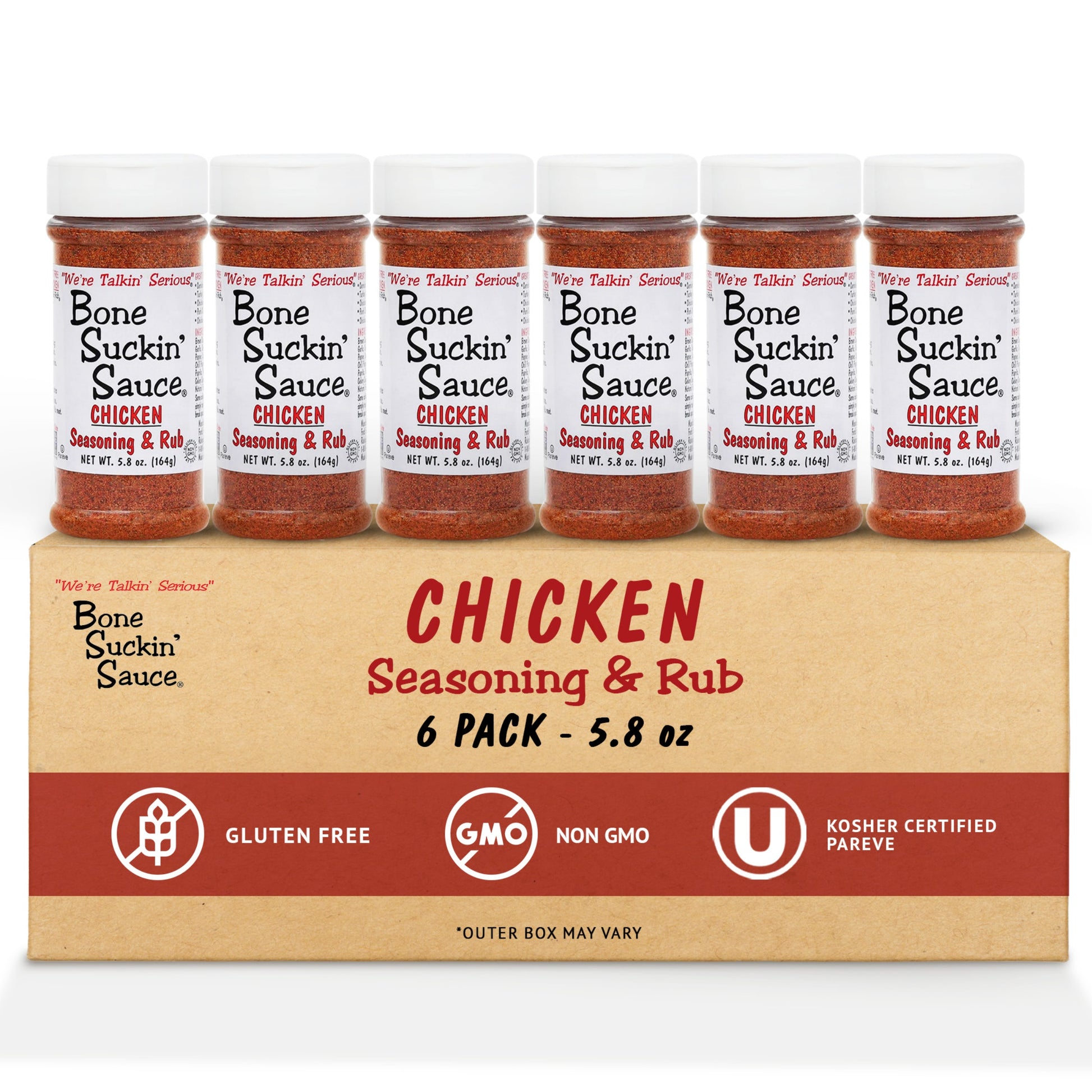 Bone Suckin'® Chicken Seasoning & Rub, 5.8 oz. A lighter blend of the brown sugar, paprika and spices found in the Original Seasoning & Rub, garlic and sage come to the forefront of our poultry blend. While it’s perfect on chicken, turkey, and fish, like our other seasoning & rub products, it’s versatile enough to be used on just about anything. 6 pack