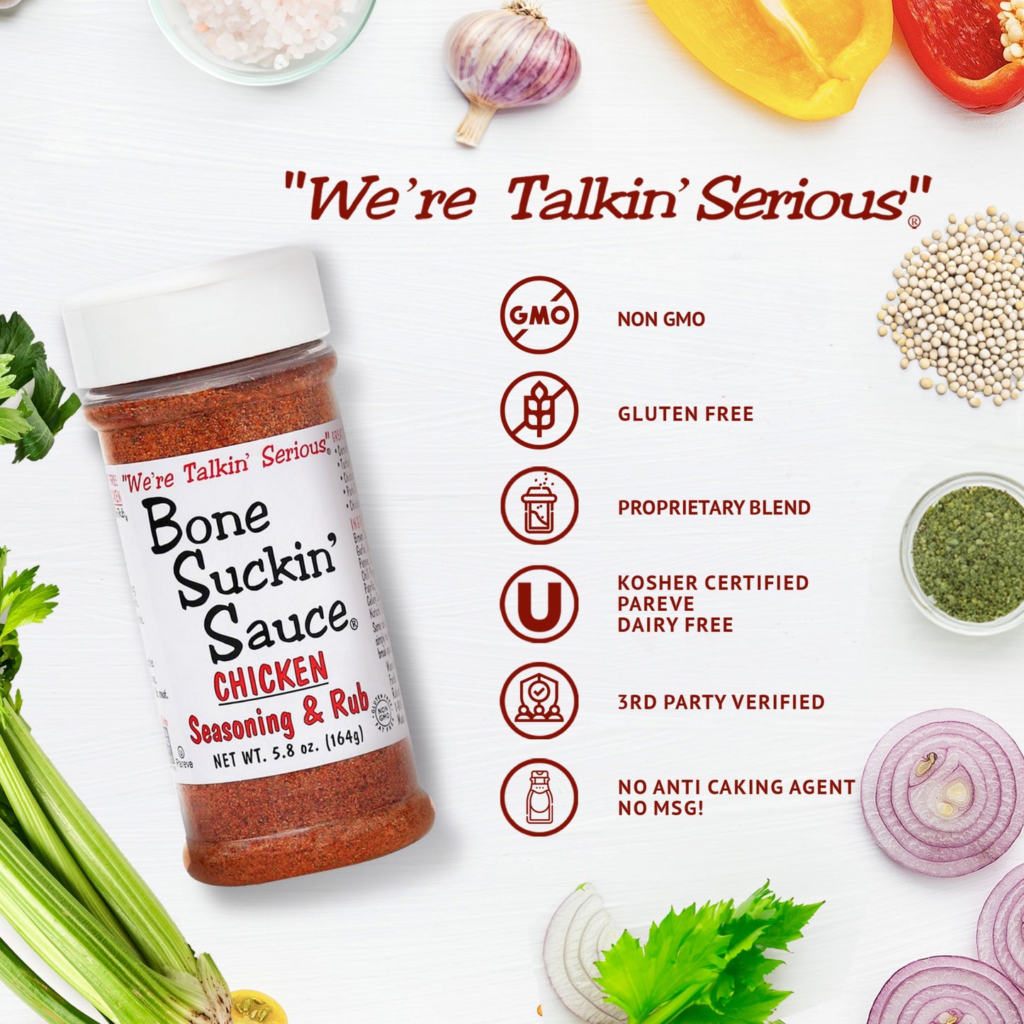 Bone Suckin'® Chicken Seasoning & Rub, 5.8 oz. Non Gmo, Gluten Free, Kosher Certified, Pareve, Dairy Free, 3rd Party Verified, No Anti Caking Agent and No MSG.