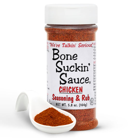 Bone Suckin'® Chicken Seasoning & Rub, 5.8 oz. A lighter blend of the brown sugar, paprika and spices found in the Original Seasoning & Rub, garlic and sage come to the forefront of our poultry blend. While it’s perfect on chicken, turkey, and fish, like our other seasoning & rub products, it’s versatile enough to be used on just about anything.
