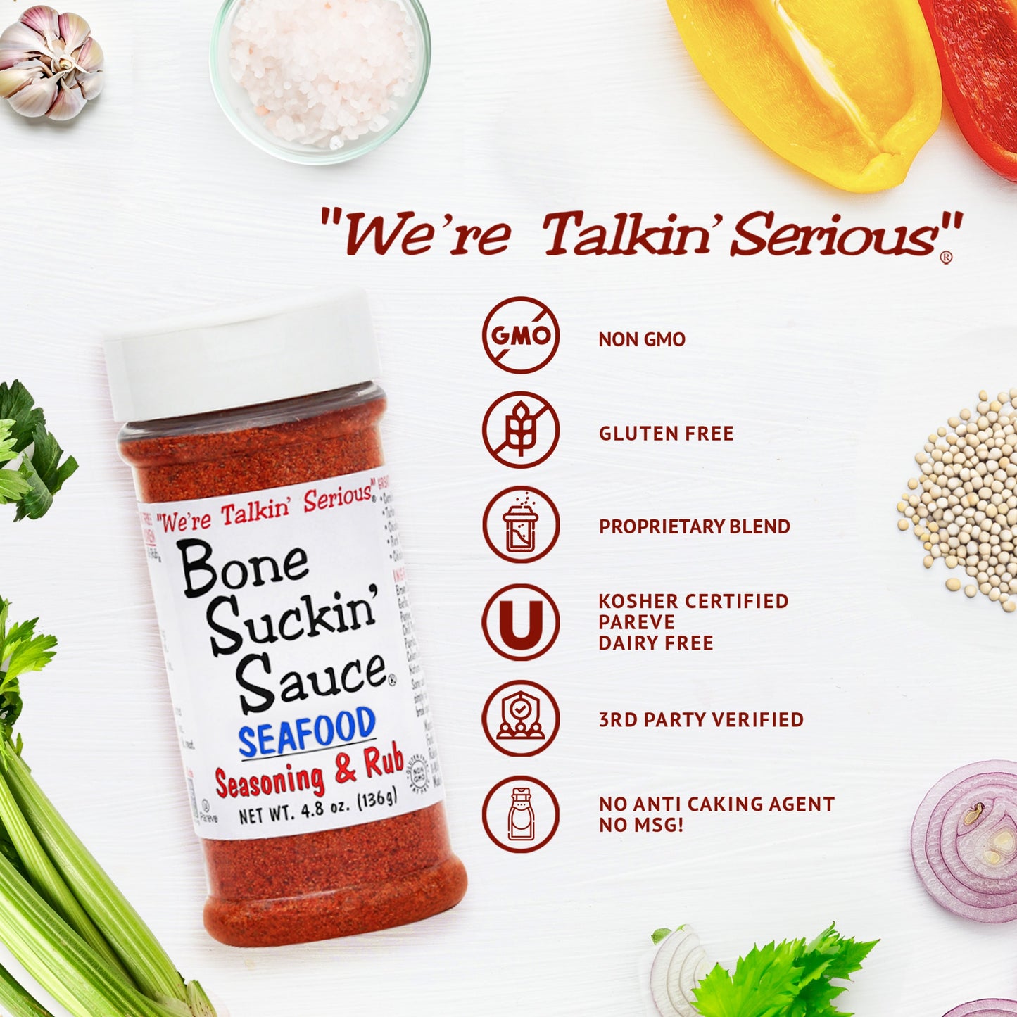 Bone Suckin'® Seafood Seasoning & Rub, 4.8 oz. - NON GMO, GLUTEN FREE, PROPRIETARY BLEND, KOSHER CERTIFIED, PAREVE DAIRY FREE, 3RD PARTY VERIFIED, NO ANTI CAKING AGENT, AND NO MSG!