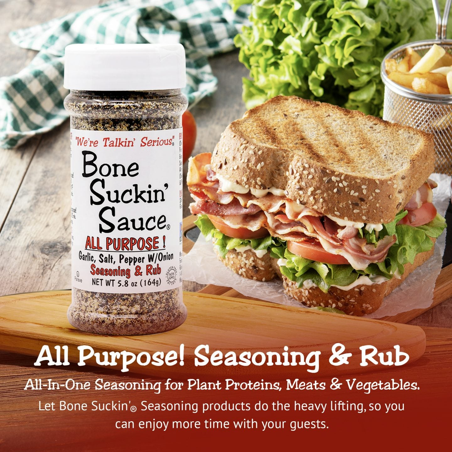 Bone Suckin' All Purpose Seasoning & Rub 5.8 oz, Zero Calorie, Sugar Free, Gluten Free, Non GMO, Kosher, Garlic, Salt, Pepper & Onion, For Pork, Beef, Chicken, Seafood, Pasta, Veggies! No MSG!