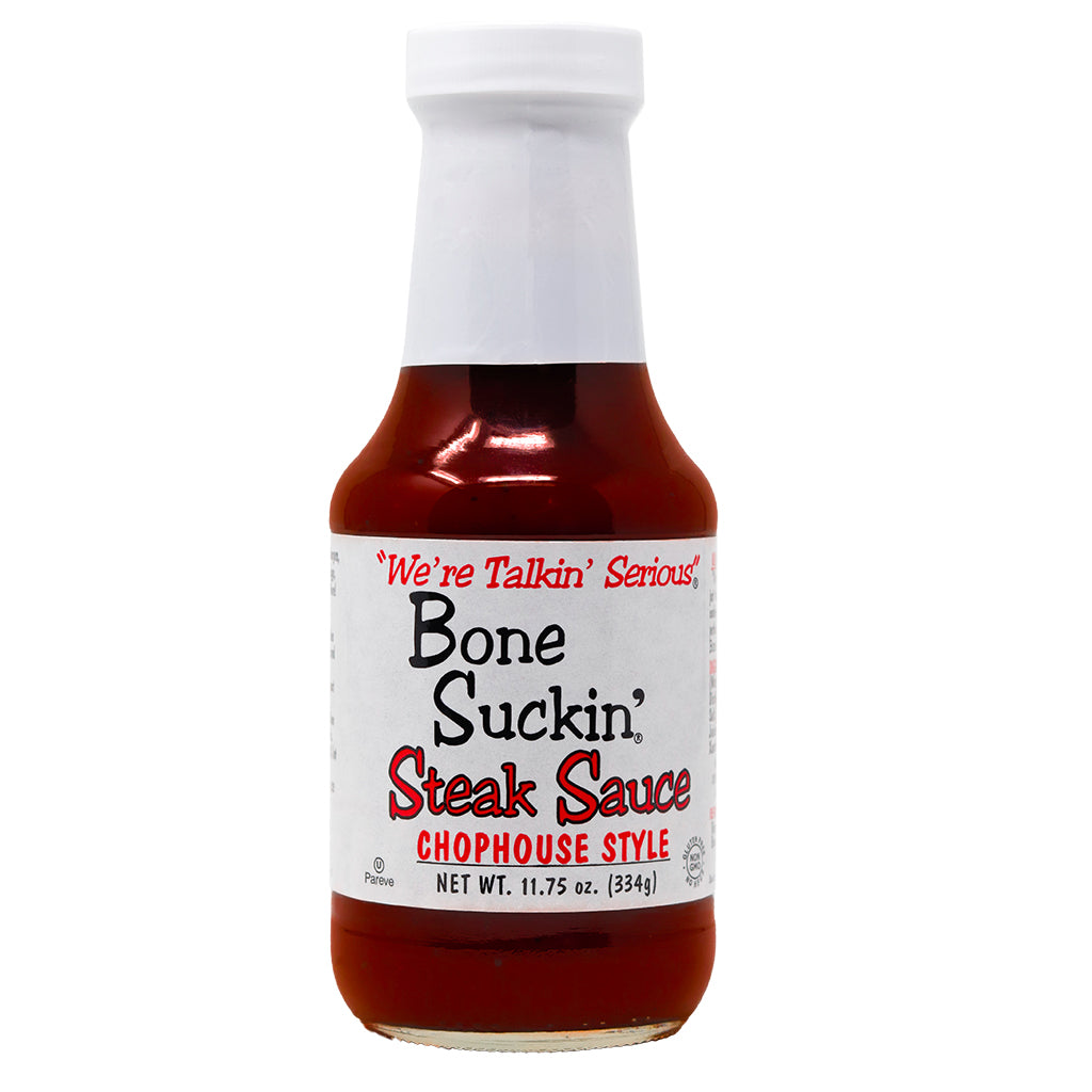 Bone Suckin'® Steak Sauce, Chophouse Style, 11.75 oz. - Bone Suckin' Steak Sauce, 11.75 oz Glass Bottle, For Steaks, Burgers, Meatloaf, Pork Chops & Chicken - Tangy, Savory, Light Smoke Flavor With Bits Of Onion & Garlic - Gluten Free, Non-GMO, Kosher, 1 Pc