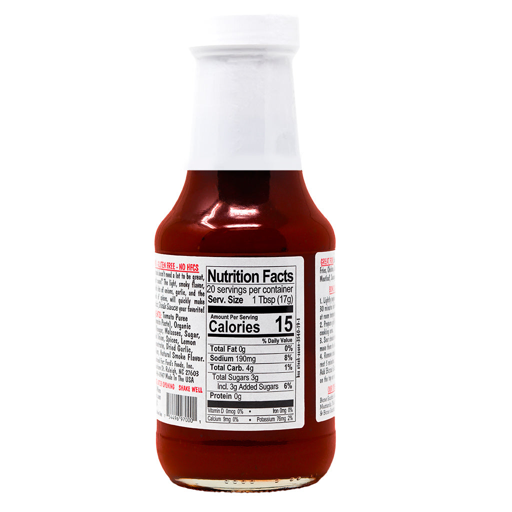 Bone Suckin'® Steak Sauce, Chophouse Style Label, 11.75 oz. Nutrition - Bone Suckin' Steak Sauce, 11.75 oz Glass Bottle, For Steaks, Burgers, Meatloaf, Pork Chops & Chicken - Tangy, Savory, Light Smoke Flavor With Bits Of Onion & Garlic - Gluten Free, Non-GMO, Kosher, 1 Pc. Nutrition Panel.