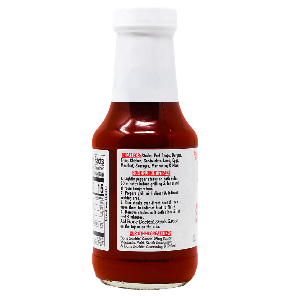 Bone Suckin'® Steak Sauce, Chophouse Style, 11.75 oz. Label, Recipe - Bone Suckin' Steak Sauce, 11.75 oz Glass Bottle, For Steaks, Burgers, Meatloaf, Pork Chops & Chicken - Tangy, Savory, Light Smoke Flavor With Bits Of Onion & Garlic - Gluten Free, Non-GMO, Kosher, 1 Pc