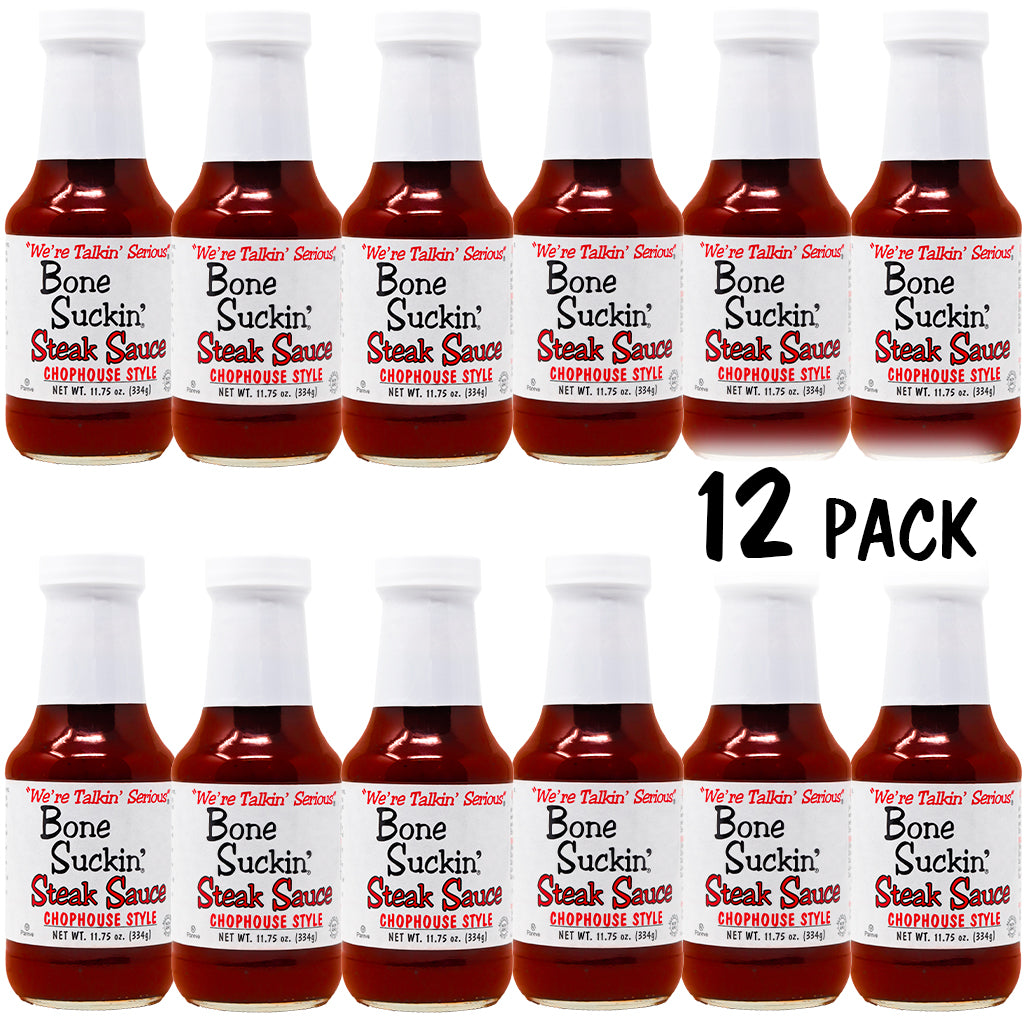 Bone Suckin'® Steak Sauce, Chophouse Style 12 pack - Bone Suckin' Steak Sauce, 11.75 oz Glass Bottle, For Steaks, Burgers, Meatloaf, Pork Chops & Chicken - Tangy, Savory, Light Smoke Flavor With Bits Of Onion & Garlic - Gluten Free, Non-GMO, Kosher, 12 Pc