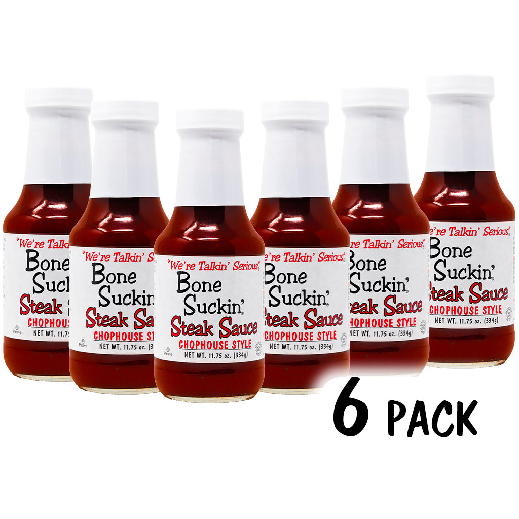 Bone Suckin'® Steak Sauce, Chophouse Style 6 pack - Bone Suckin' Steak Sauce, 11.75 oz Glass Bottle, For Steaks, Burgers, Meatloaf, Pork Chops & Chicken - Tangy, Savory, Light Smoke Flavor With Bits Of Onion & Garlic - Gluten Free, Non-GMO, Kosher, 6 Pc