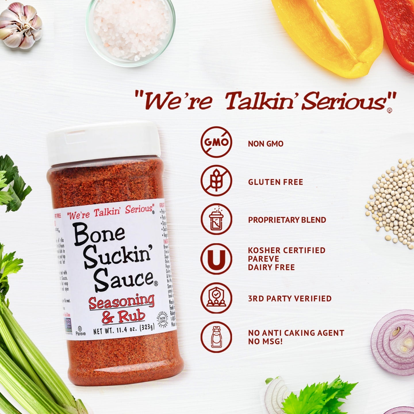 Bone Suckin'® Seasoning & Rub, 11.4 oz. - NON GMO, GLUTEN FREE, PROPRIETARY BLEND, KOSHER CERTIFIED, PAREVE DAIRY FREE, 3RD PARTY VERIFIED, NO ANTI CAKING AGENT, AND NO MSG!