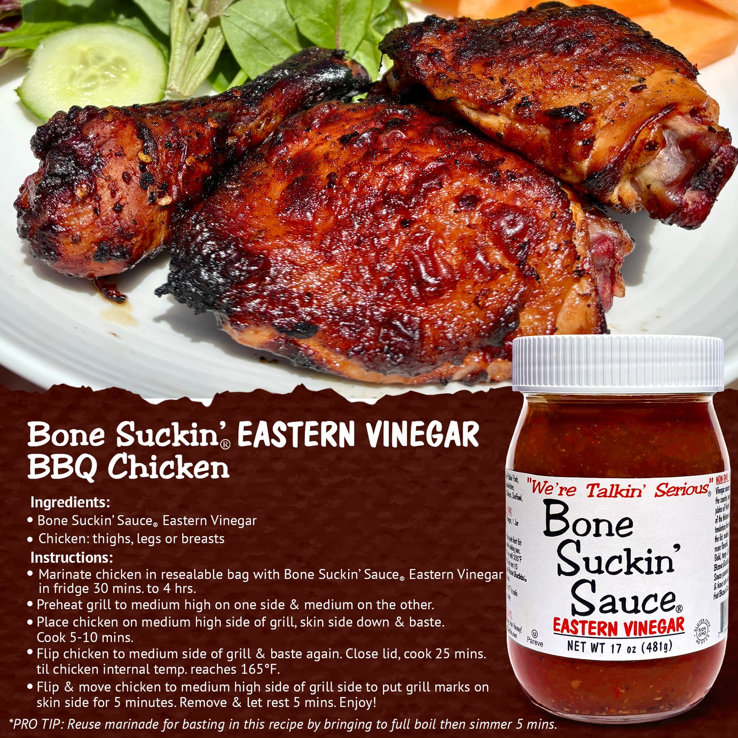 Grilled chicken with Bone Suckin' Sauce and Eastern Vinegar on a plate, featuring the product and recipe details.