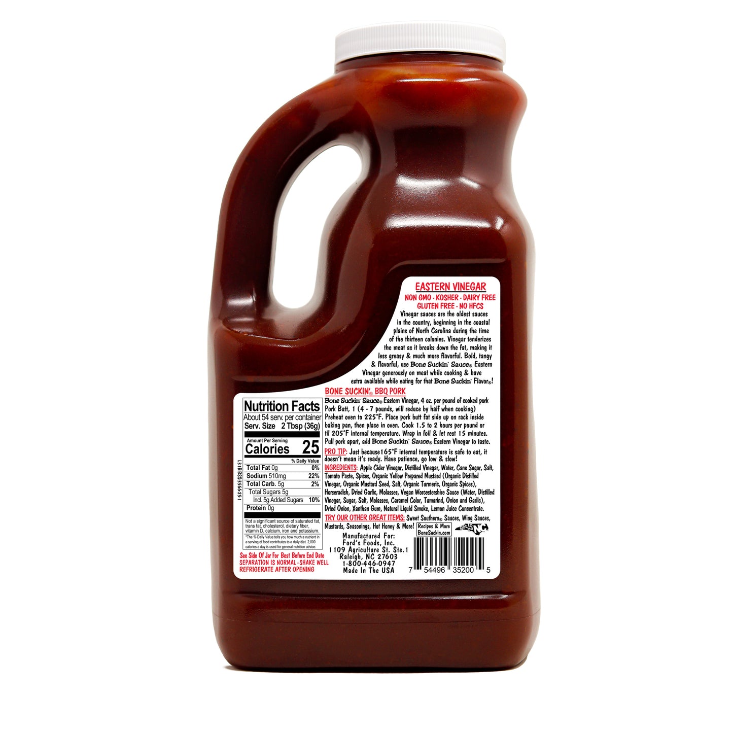 Bone Suckin' Sauce Eastern Vinegar, 68 oz. Back of bottle label.