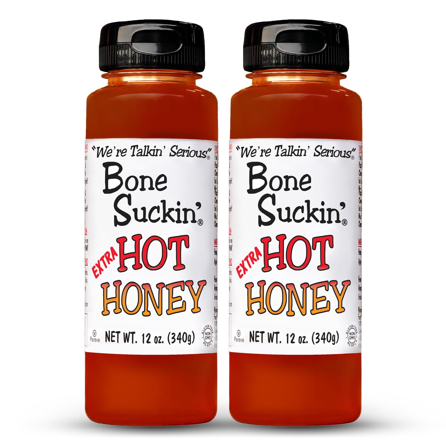 Bone Suckin' Extra Hot Honey, 12 oz. 2 pack Made with high-quality Non GMO, Kosher, Pareve, Gluten Free, Dairy Free ingredients with No High Fructose Syrup: Bone Suckin' Extra Hot Honey is crafted using the perfect blend of high quality honey, apple cider vinegar, and chili extract, ensuring a delicious sweet, hot & flavorful experience that is great for the whole family!