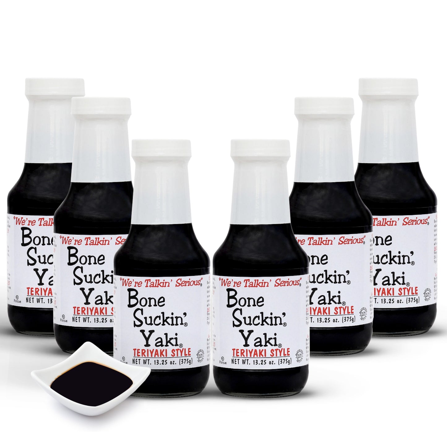 Bone Suckin' Yaki Teriyaki Style - 13.25 oz in Glass Bottle. For Pork Tenderloin, Salmon, Thin Cut Steaks, Stir Fry - Made w/ Tamari Soy Sauce, Balsamic Vinegar & Olive Oil. Gluten Free, Non-Gmo, Kosher , 6 pack