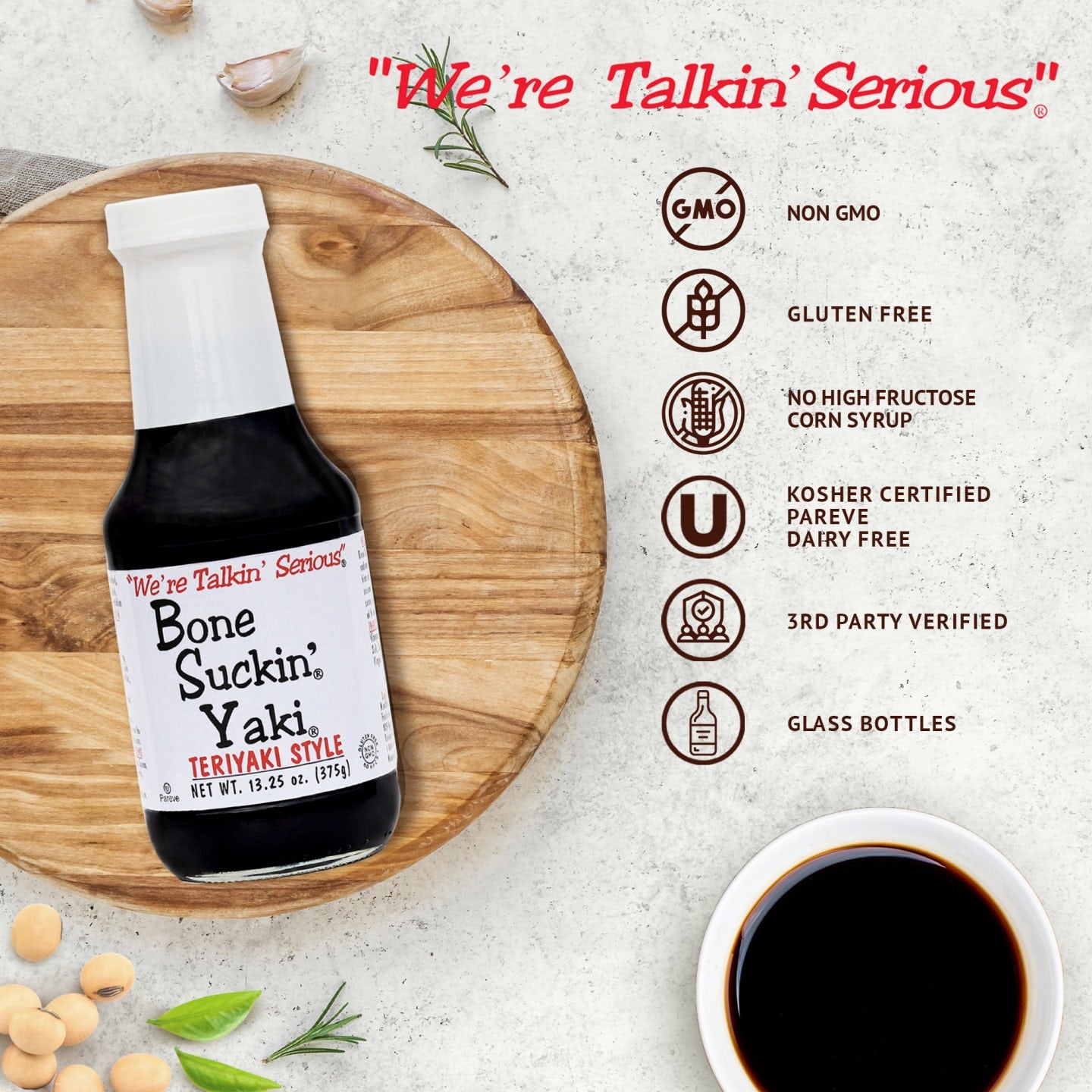 Bone Suckin' Yaki Teriyaki Style - 13.25 oz in Glass Bottle. For Pork Tenderloin, Salmon, Thin Cut Steaks, Stir Fry - Made w/ Tamari Soy Sauce, Balsamic Vinegar & Olive Oil. Non-Gmo, Gluten Free, No High Fructose Corn Syrup, Kosher Certified, Pareve, Dairy Free, 3rd Party Verified, Glass Bottles