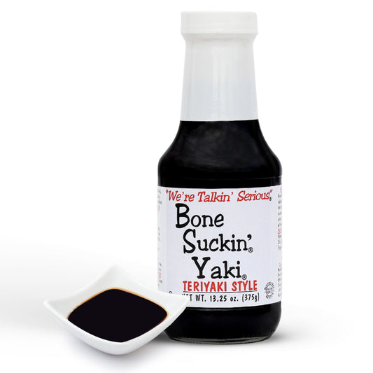 Bone Suckin' Yaki Teriyaki Style - 13.25 oz in Glass Bottle. For Pork Tenderloin, Salmon, Thin Cut Steaks, Stir Fry - Made w/ Tamari Soy Sauce, Balsamic Vinegar & Olive Oil. Gluten Free, Non-Gmo, Kosher