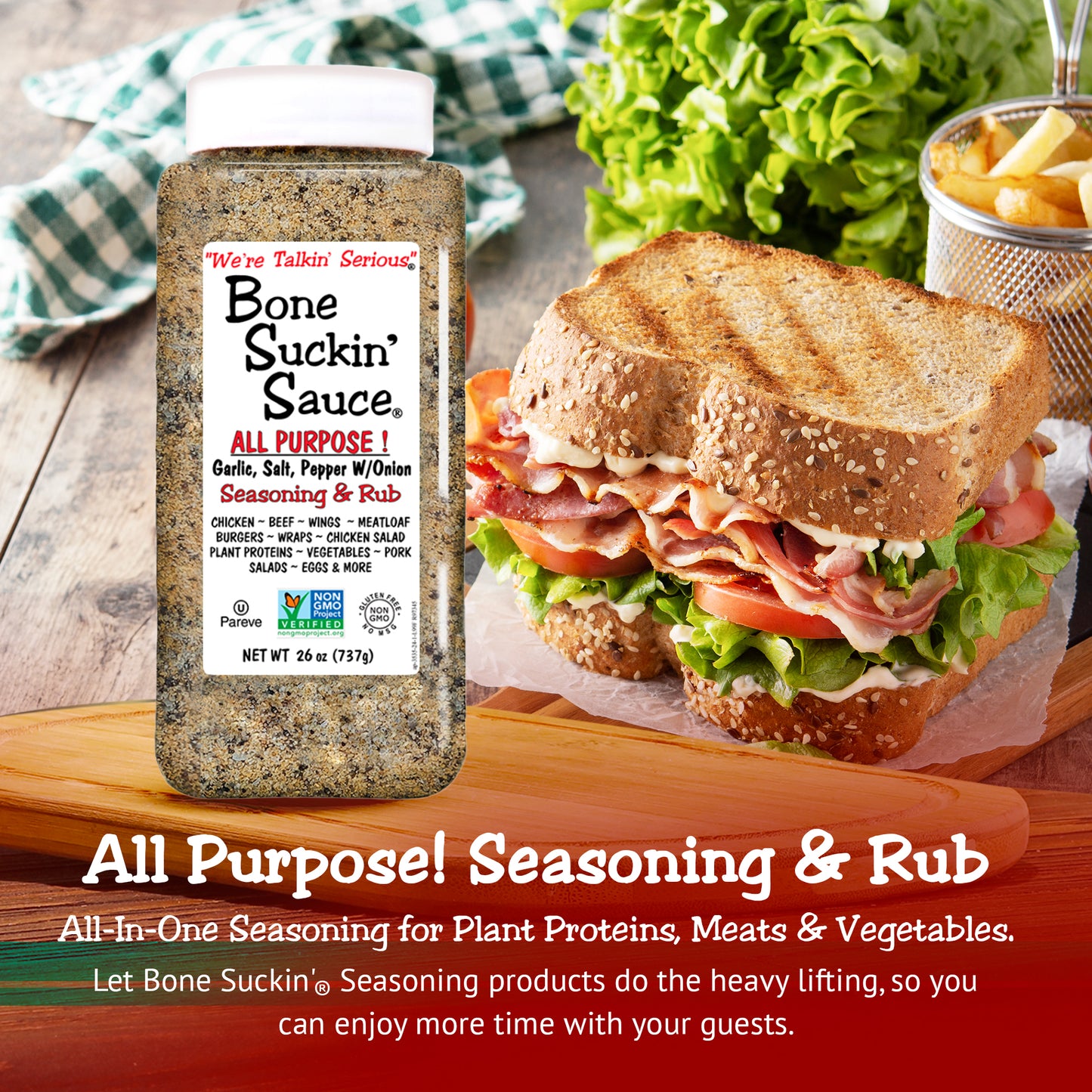 This one jar has all the seasonings you need to cook & eat. Perfect blend of Garlic, Salt, Pepper with Onion for your kitchen or take with you camping. Carry it with you everywhere!