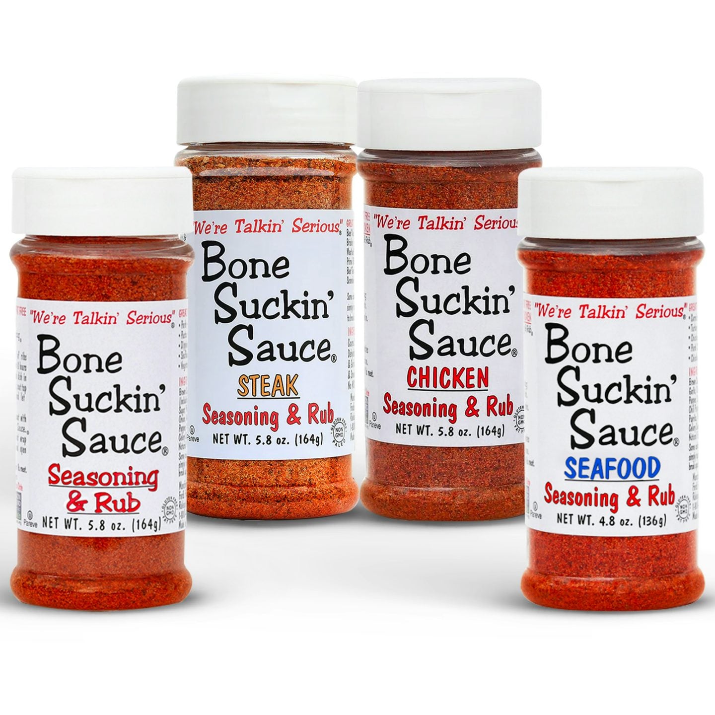 Bone Suckin Sauce Seasoning Variety Pack 4- Original, Steak, Chicken and Seafood Rubs. 
