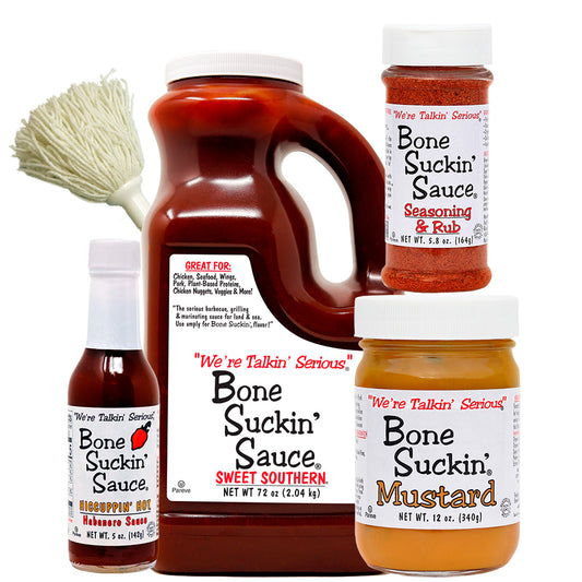 The Bone Suckin'® Style Feast Gift Box, The Bone Suckin' Sauce® Style Feast Gift Box Includes:  Bone Suckin’ Sauce® Sweet Southern, 72 oz. Bone Suckin'® Mustard, 12 oz. Bone Suckin'®  Hiccuppin' Hot® Habanero Sauce, 5 oz. Jar Bone Suckin'® Seasoning & Rub, 5.8 oz. The "Slop Mop"