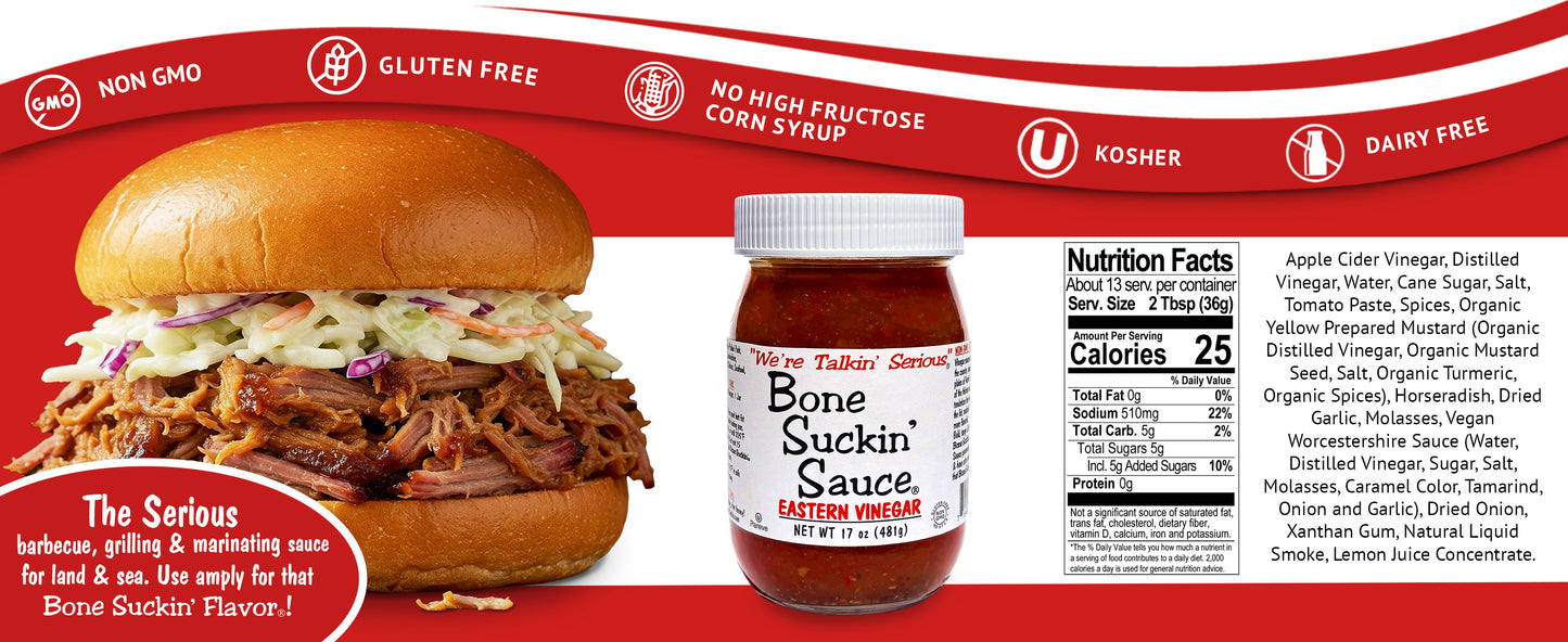 Burger with coleslaw and a jar of Bone Suckin' Sauce on a red background with branding and text.
