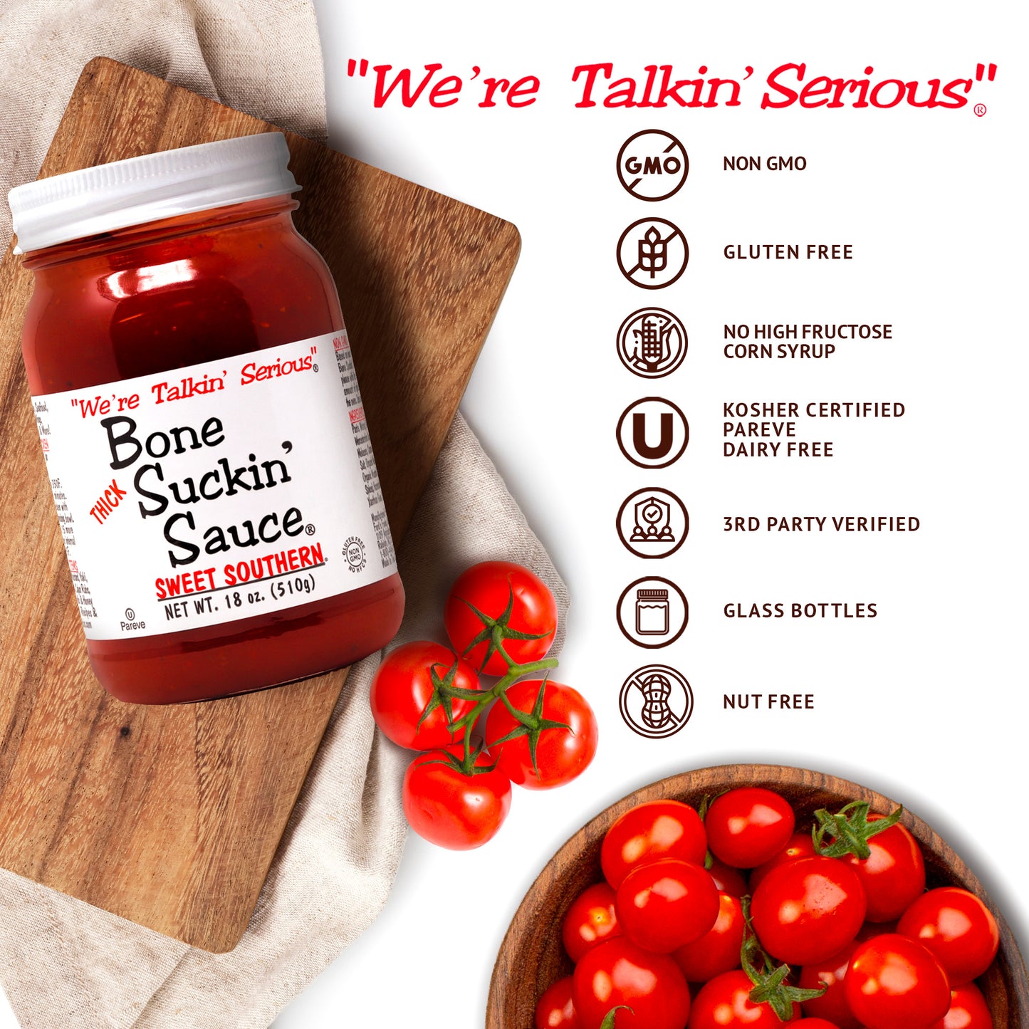 Bone Suckin'® Sauce Thick Sweet Southern 18oz - NON GMO, GLUTEN FREE, NO HIGH FRUCTOSE CORN SYRUP, KOSHER CERTIFIED, PAREVE, DAIRY FREE, 3RD PARTY VERIFIED, GLASS BOTTLES, NUT FREE