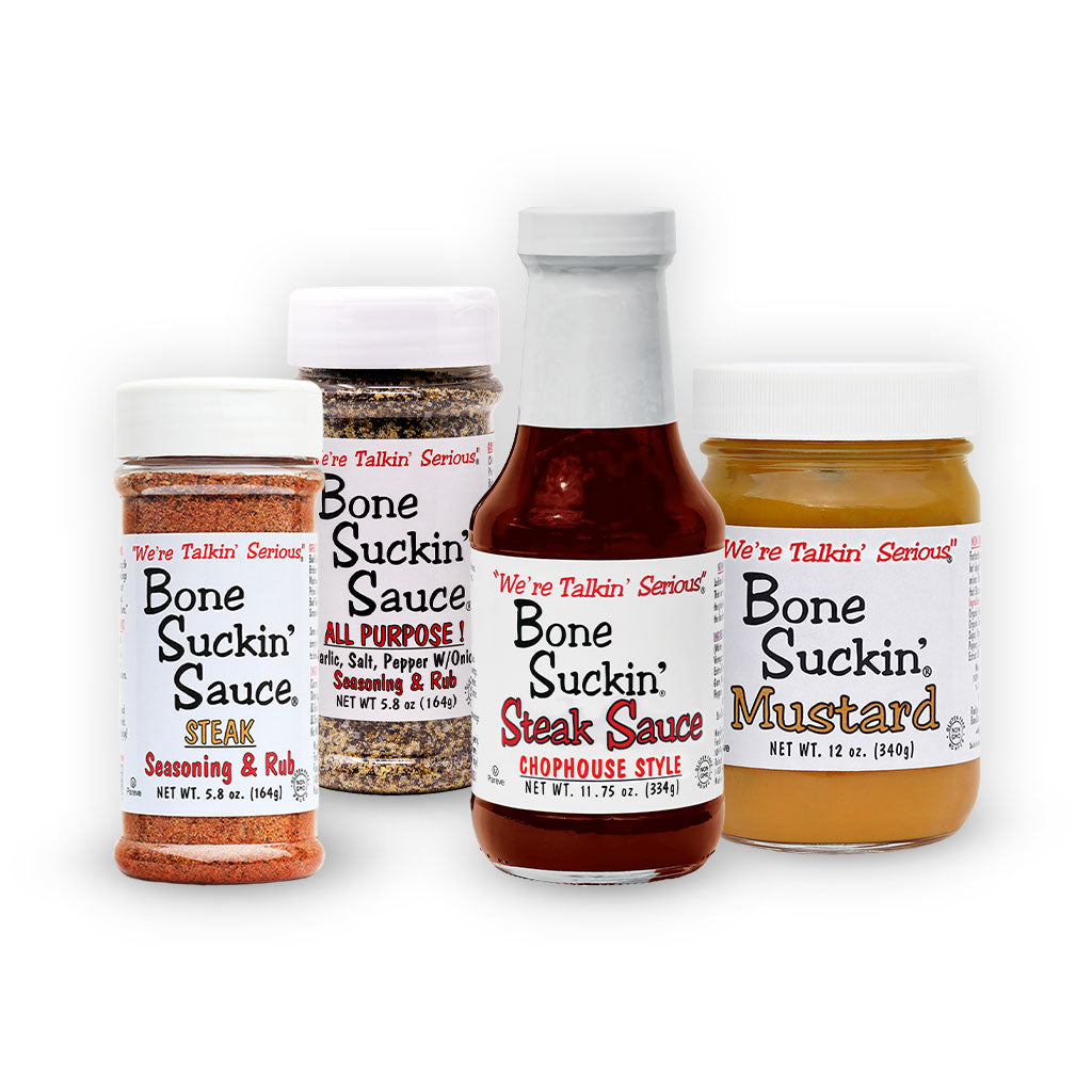 Bone Suckin' Beef Box. Bone Suckin' Steak Seasoning & Rub 5.8 oz. bottle, Bone Suckin' All Purpose Seasoning & Rub 5.8 oz. bottle, Bone Suckin' Steak Sauce Chophouse Style 11.75 oz., Bone Suckin' World Champion Mustard 12 oz. 