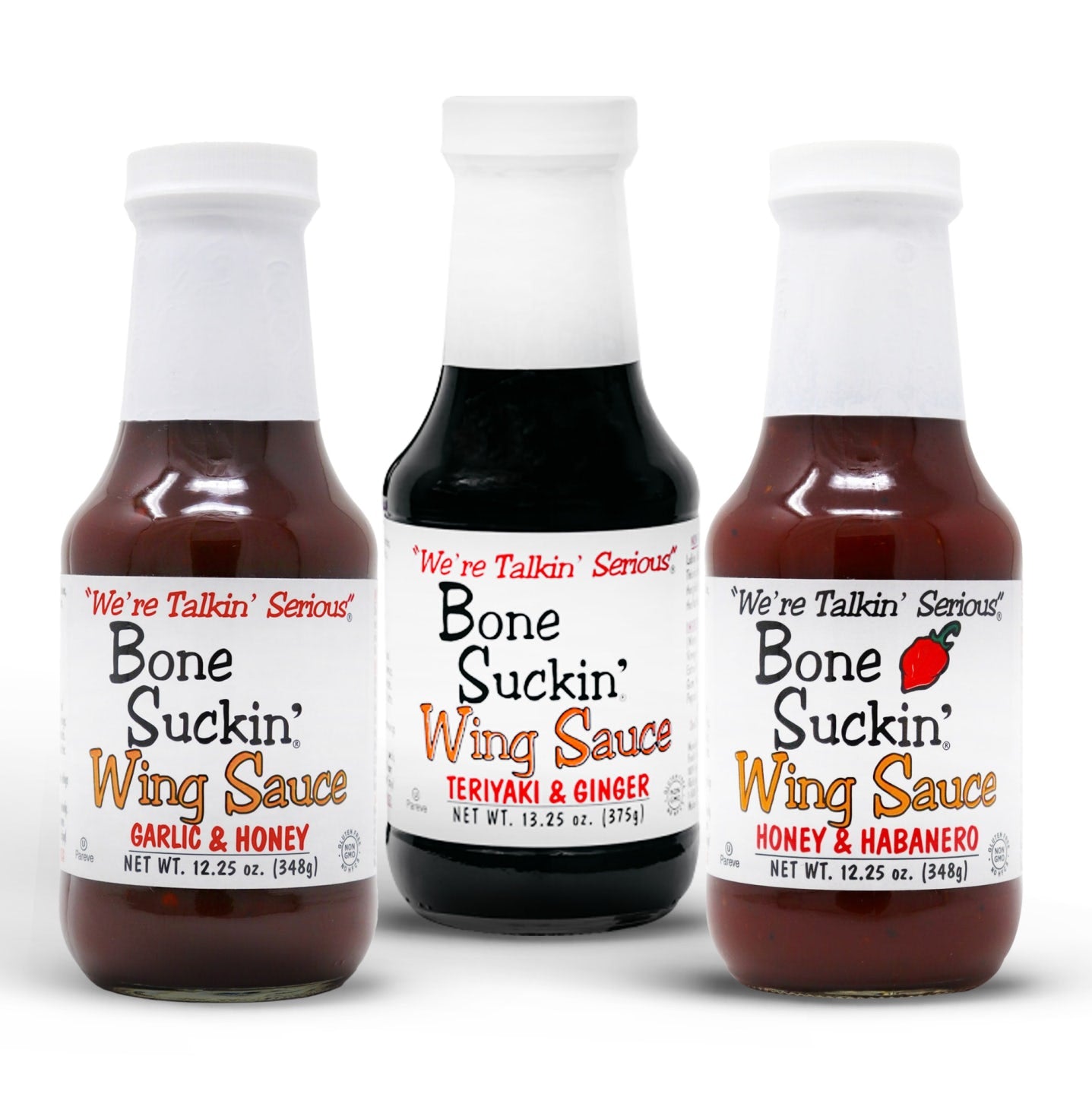 Bone Suckin' Wing Sauce Variety 3-Pack : Garlic & Honey, Teriyaki & Ginger, Honey & Habanero 12.25 oz.