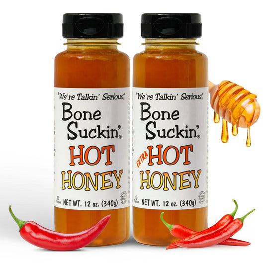Bone Suckin' Hot Honey & Extra Hot Honey, Gluten-Free, Non-GMO, Kosher - Delicious, Spicy Honey, Versatile Condiment - Honey, Apple Cider Vinegar, Chili Extract - Easy Squeeze Bottles - 12 oz, 2 Pack