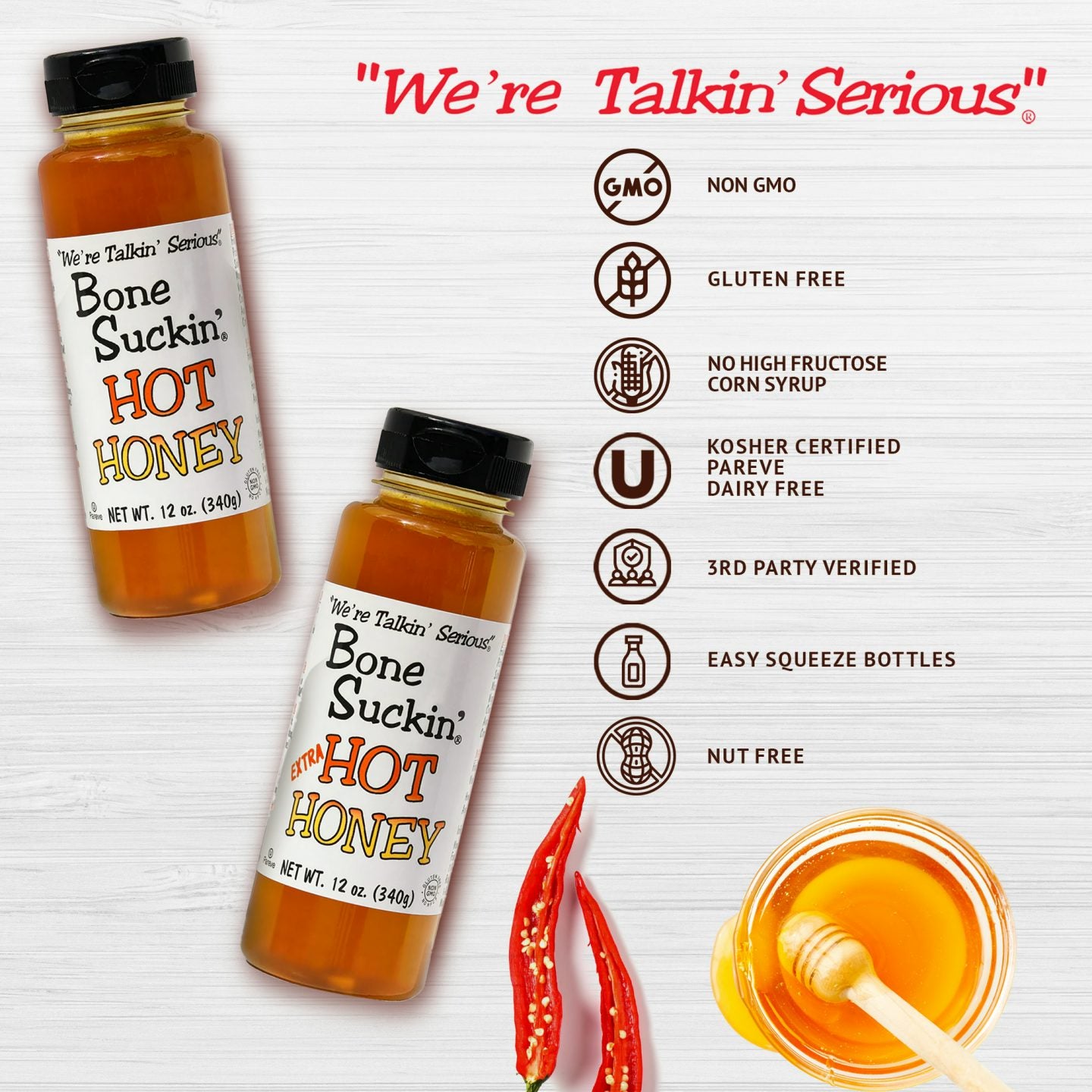 Bone Suckin' Hot Honey & Extra Hot Honey, Gluten-Free, Non-GMO, Kosher - Delicious, Spicy Honey, Versatile Condiment - Honey, Apple Cider Vinegar, Chili Extract - Easy Squeeze Bottles - 12 oz, 2 Pack