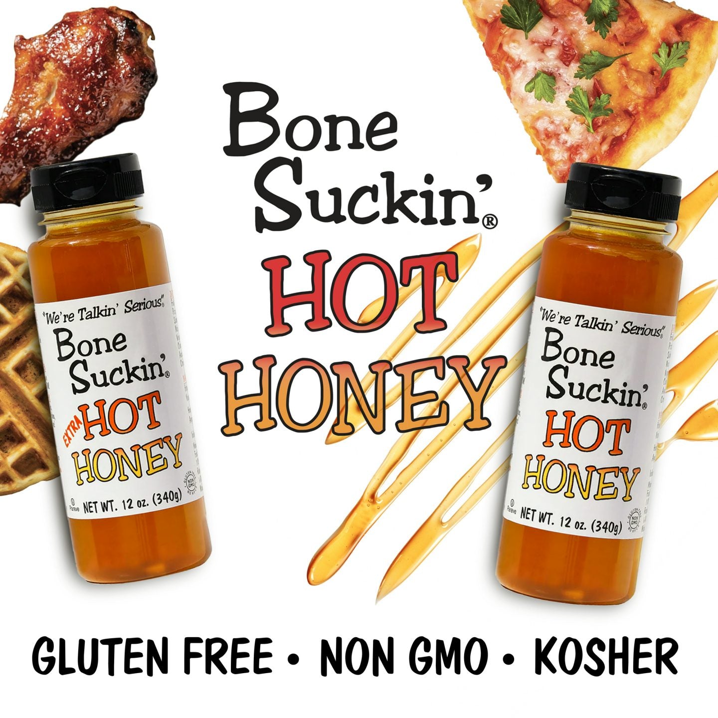 Bone Suckin' Hot Honey & Extra Hot Honey, Gluten-Free, Non-GMO, Kosher - Delicious, Spicy Honey, Versatile Condiment - Honey, Apple Cider Vinegar, Chili Extract - Easy Squeeze Bottles - 12 oz, 2 Pack