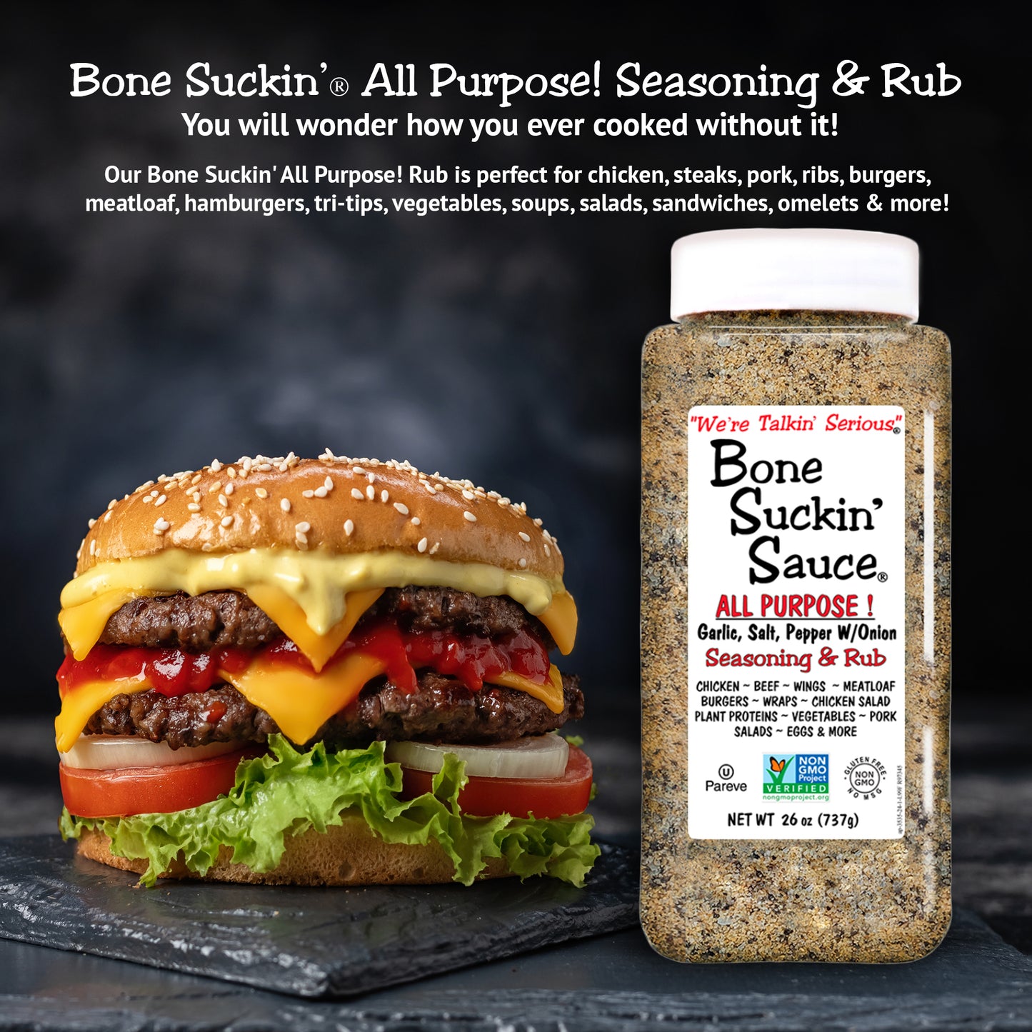 This one jar has all the seasonings you need to cook & eat. Perfect blend of Garlic, Salt, Pepper with Onion for your kitchen or take with you camping. Carry it with you everywhere!