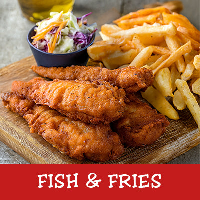 Fried fish and chips with coleslaw on a wooden board, labeled 'Fish & Fries'.