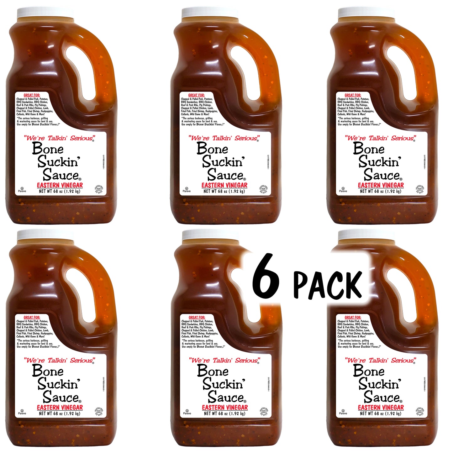 Six bottles of Bone Suckin' Sauce on a white background - 6 Pack