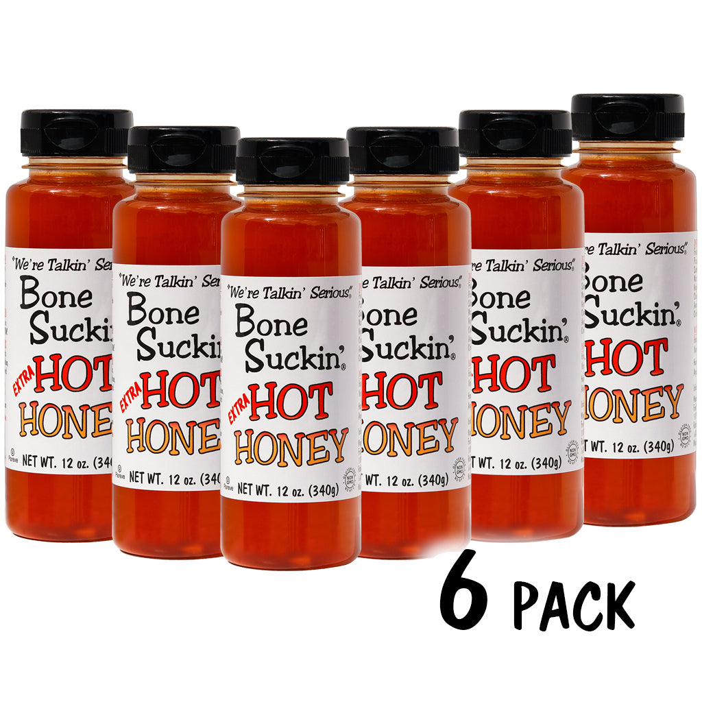 Bone Suckin'® Extra Hot Honey 12 oz, 6 pack Made with high-quality Non GMO, Kosher, Pareve, Gluten Free, Dairy Free ingredients with No High Fructose Syrup: Bone Suckin' Extra Hot Honey is crafted using the perfect blend of high quality honey, apple cider vinegar, and chili extract, ensuring a delicious sweet, hot & flavorful experience that is great for the whole family!