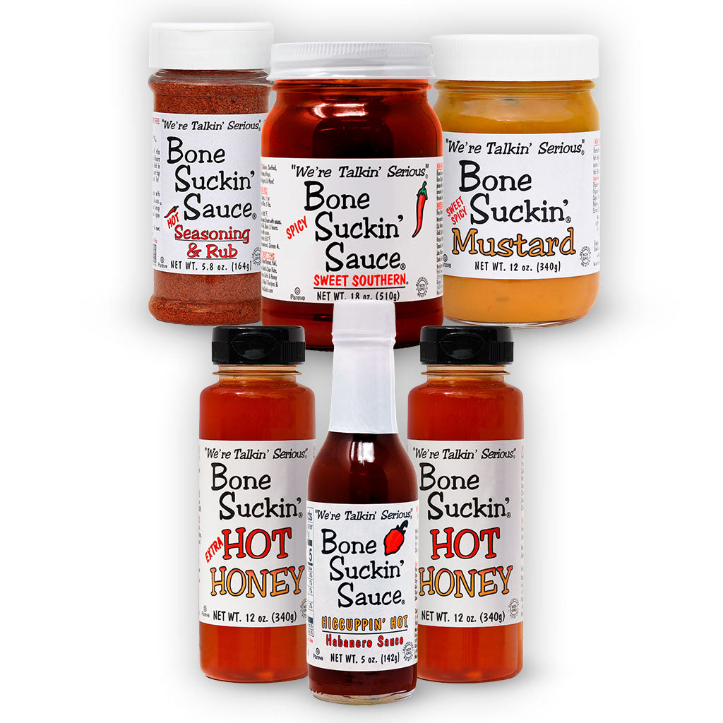 Bone Suckin' Fiery Box. Bone Suckin' Spicy Sweet Southern 18 oz., Bone Suckin' Sweet Spicy Mustard 12 oz., Bone Suckin' Hot Seasoning & Rub 5.8 oz., Bone Suckin' Hiccuppin' Hot Habanero Sauce 5 oz., Bone Suckin' Hot Honey 12 oz., Bone Suckin' Extra Hot Honey 12 oz.